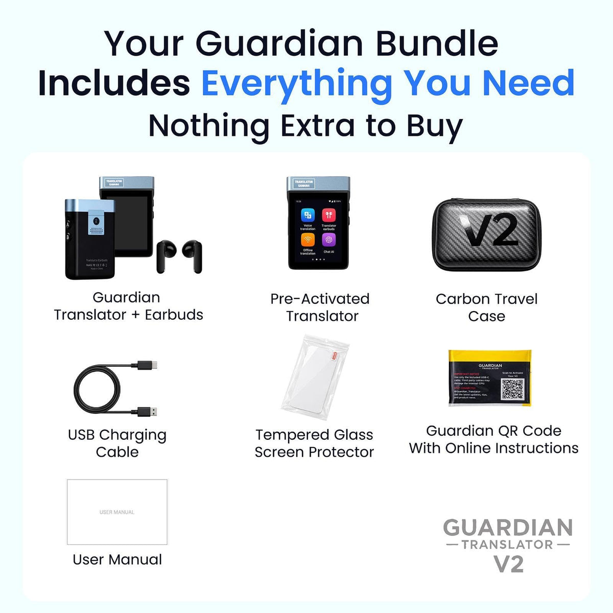 Guardian Translator V2 — AI Translator Device with Earbuds | Real-Time Two-Way Voice & Camera Translation | 144 Languages | Built-in ChatGPT | No Subscription | Travel, Business, Education