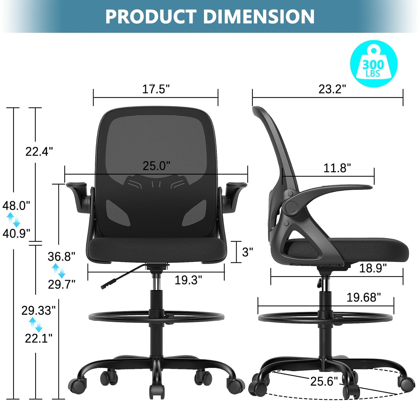 Kensaker Drafting Chair Tall Office Chair, Ergonomic Standing Desk Chair with Adjustable Foot Ring and Flip-up Armrests, Mesh Computer Chair for Art Studio, 300 LBS, Black
