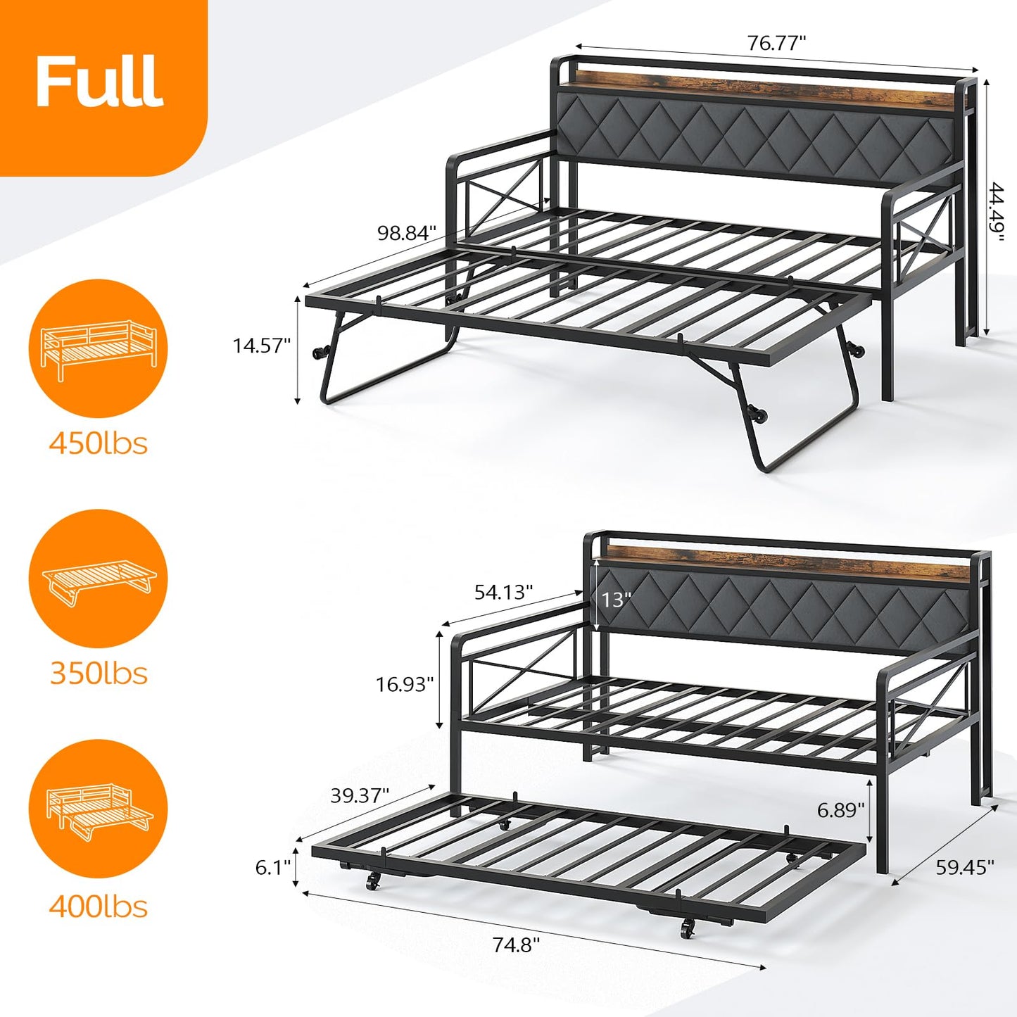 VINGLI Twin Daybed with Pop-up Trundle Bed, Day Bed with LED Light & Charing Station, Upholstered Bed Frame with Storage Headboard and Heavy Duty Metal Slats, Living Room, Bedroom, Guest Room, Gray