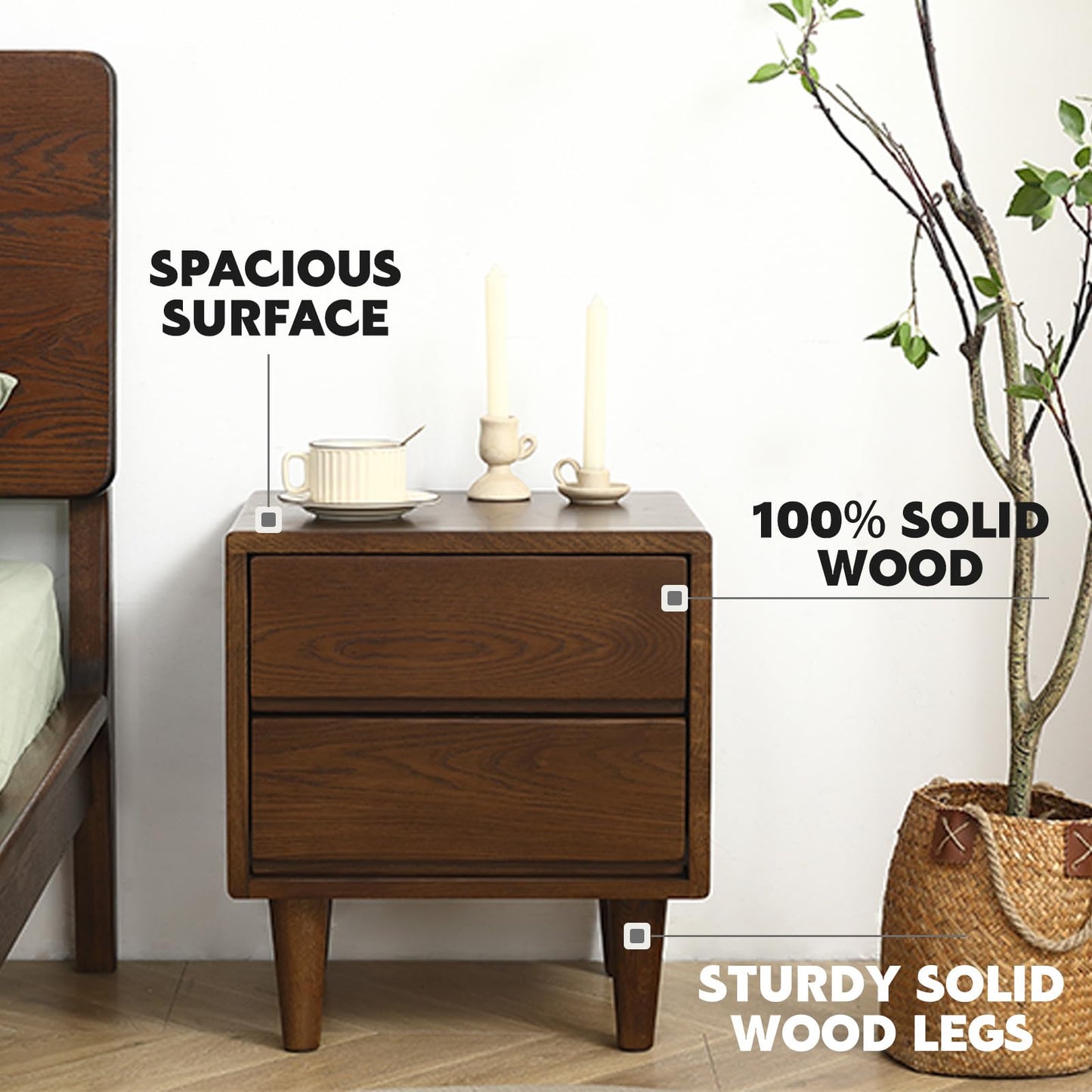 Solid Oak Wood Nightstand, Bedside Table with 2 Drawer, Mid-Century Luxury Night Stand, Modern Sofa Side End Table, Farmhouse Wooden Night Stand for Bedroom, Easy Assembly, Walnut Color