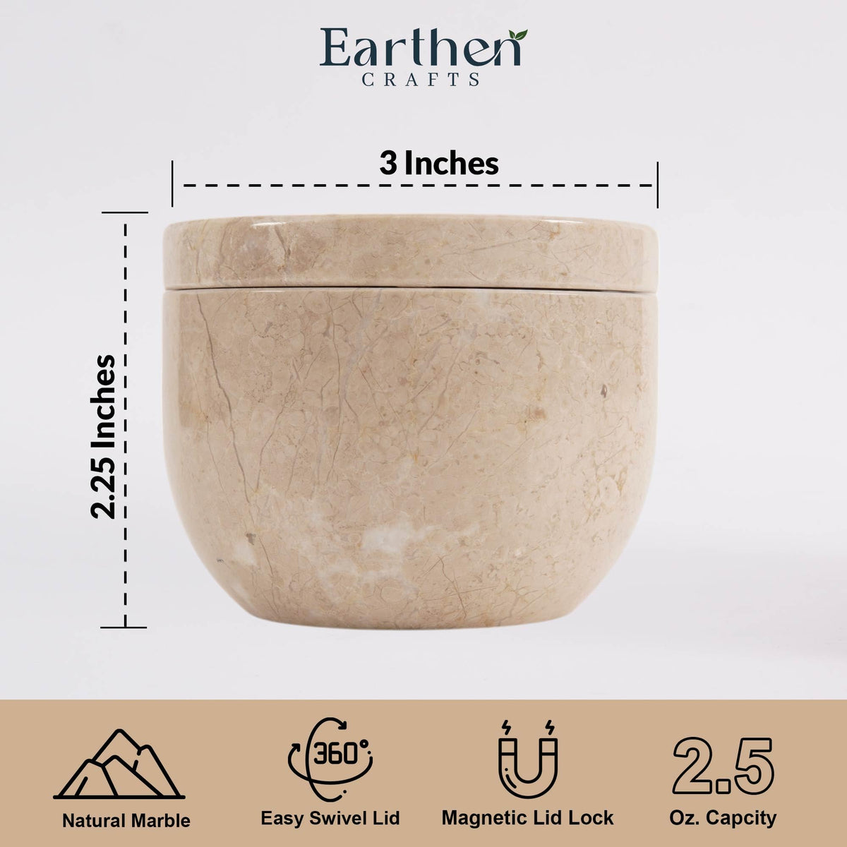 EARTHEN CRAFTS Marble Salt Cellar with Swivel Lid 3 Inch Beige Stone Mini Salt Box for Kitchen Counter with Magnetic Closure, 2.5 OZ Capacity, Ideal for Kosher Salt and Gourmet Seasonings