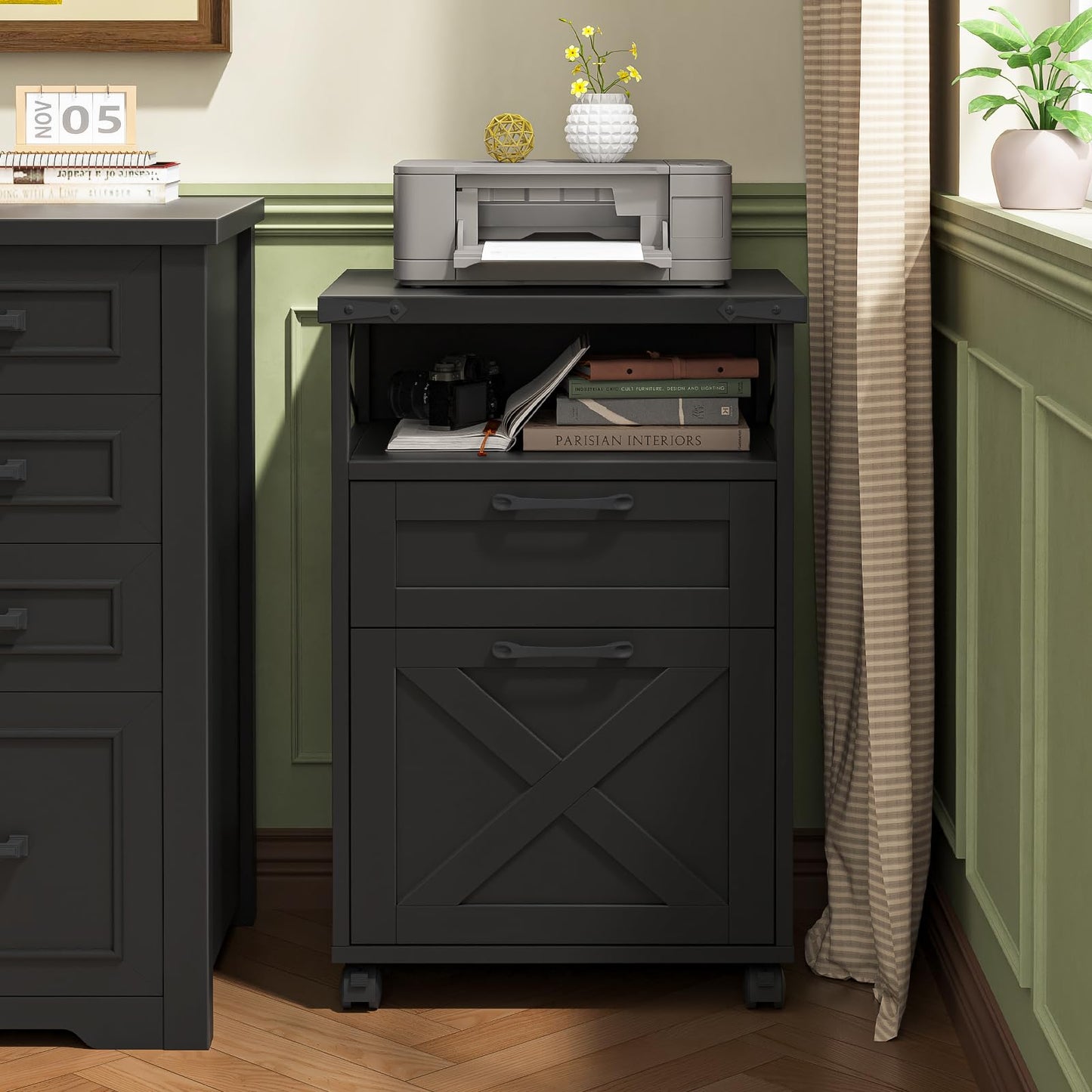 Farmhouse Filing Cabinet with Open Storage Space & Wheels,Printer Stand for Hanging A4/Files Letter,Office Filing Vertical Cabinet with 3 Drawers,Under Desk Storage Cabinets for Home Office.Black