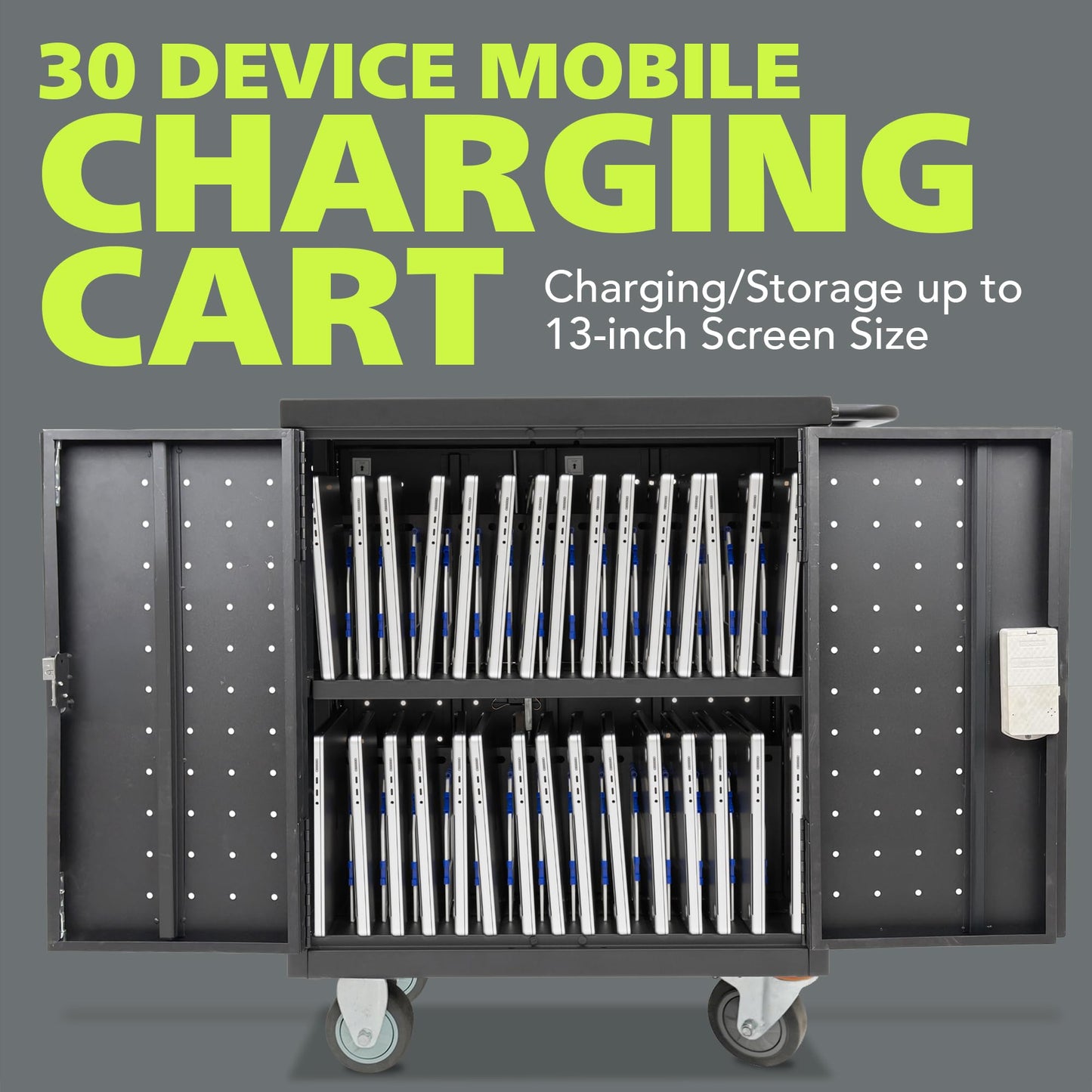 Pearington Assembled 30 Device Mobile Charging/Storage Cart for iPads, Tablets, Laptop, and Chromebook, Up to 13-inch Screen Size, Classroom Locking Charging Station