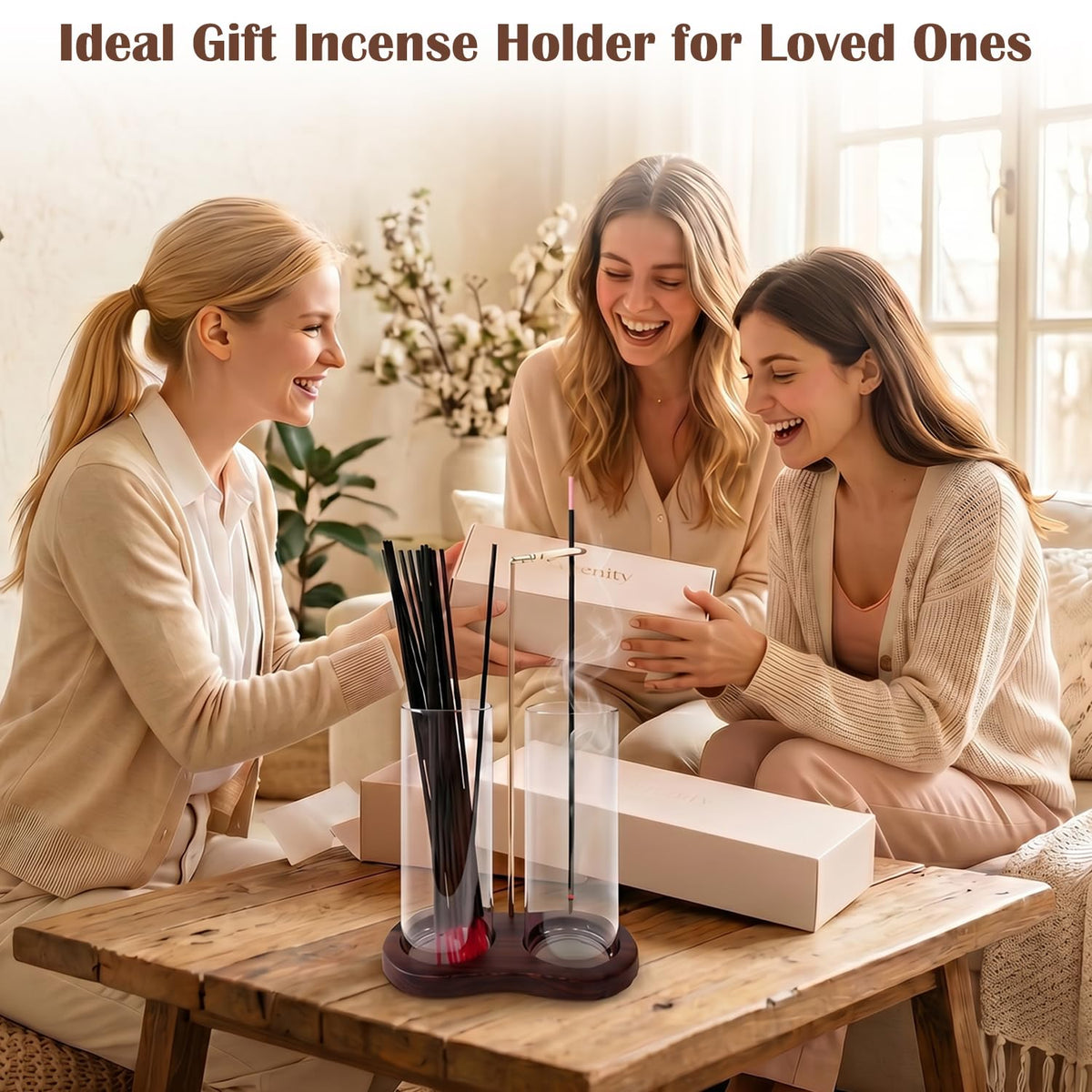 2 in 1 Mess-Free Hanging Incense Holder for Sticks, Anti-Ash Glass Incense Burner with Wooden Tray, Vertical Brass Stand Catcher, Aesthetic Zen Room Decor for Aromatherapy and Meditation