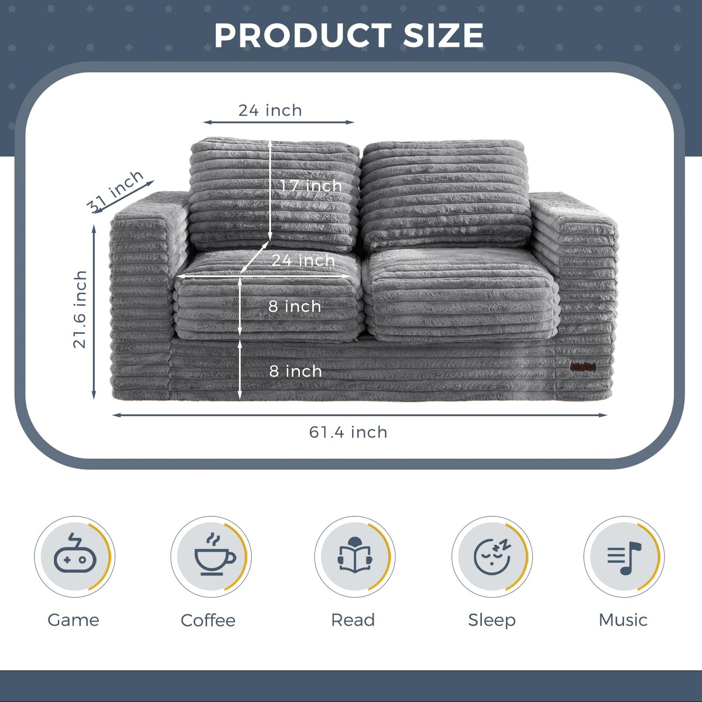MAXYOYO Giant Bean Bag Chair for Adults, Upholstered Loveseat Floor Sofa with Pillows and Armrests, Large Bean Bag Sofa Plush Chair Bean Bag Couch for Bedroom Living Room, Grey