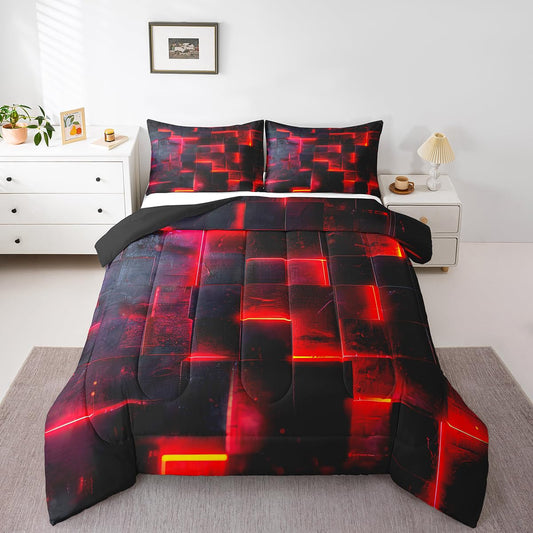 Erosebridal Black and Red Comforter Set Twin Modern Abstract Twin Bedding, 3D Glowing Plaid Bedding Comforter Sets Gradient Grid Duvet, Neon Square Quilted Comforter 2pcs (Black Reversible)