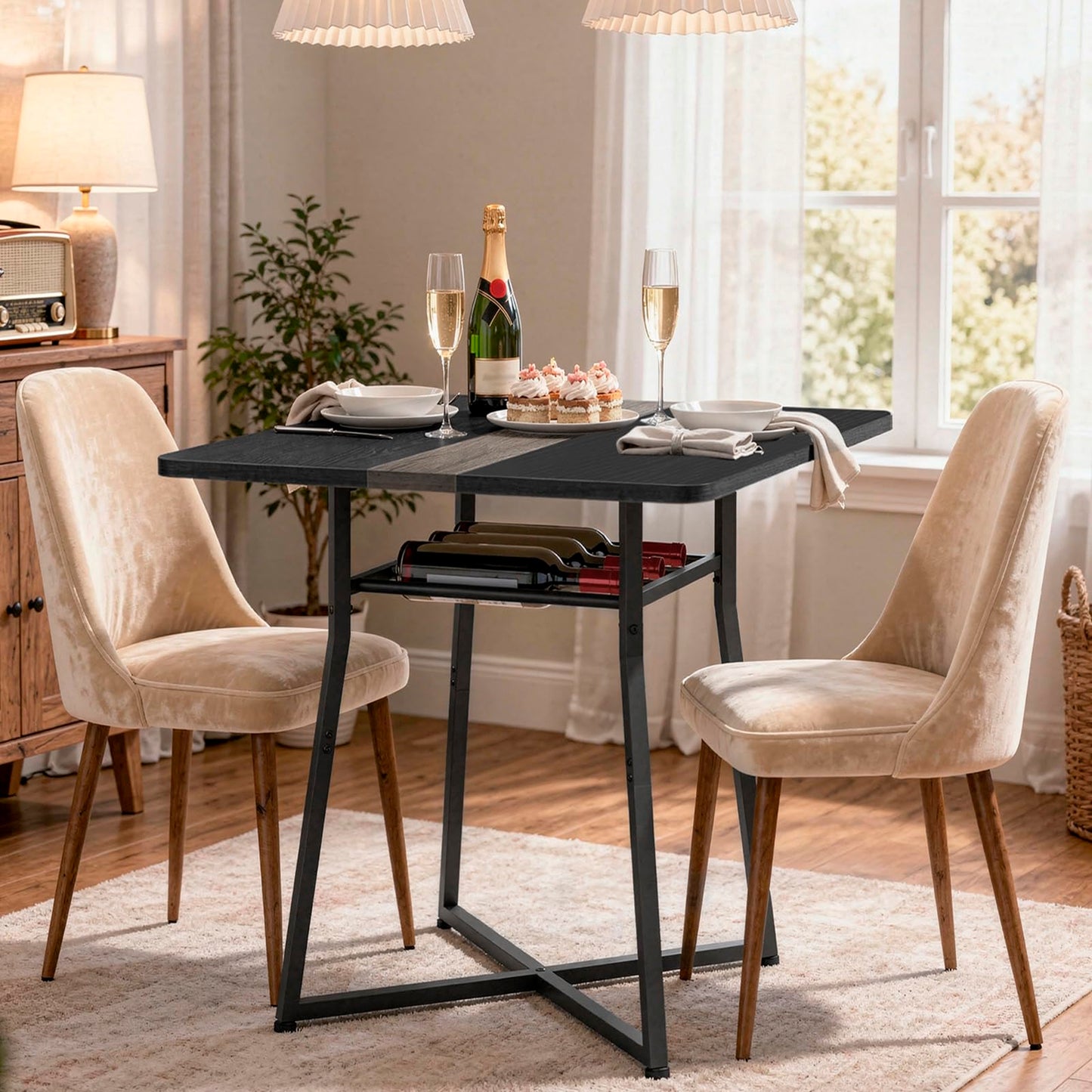 YATINEY Dining Table, 29.5'' Kitchen Table, Dining Room Table with Wine Rack, Versatile Small Dining Table, Easy Assembly, for Restaurant, Cafe, Apartment, Black and Gray CZ02BB