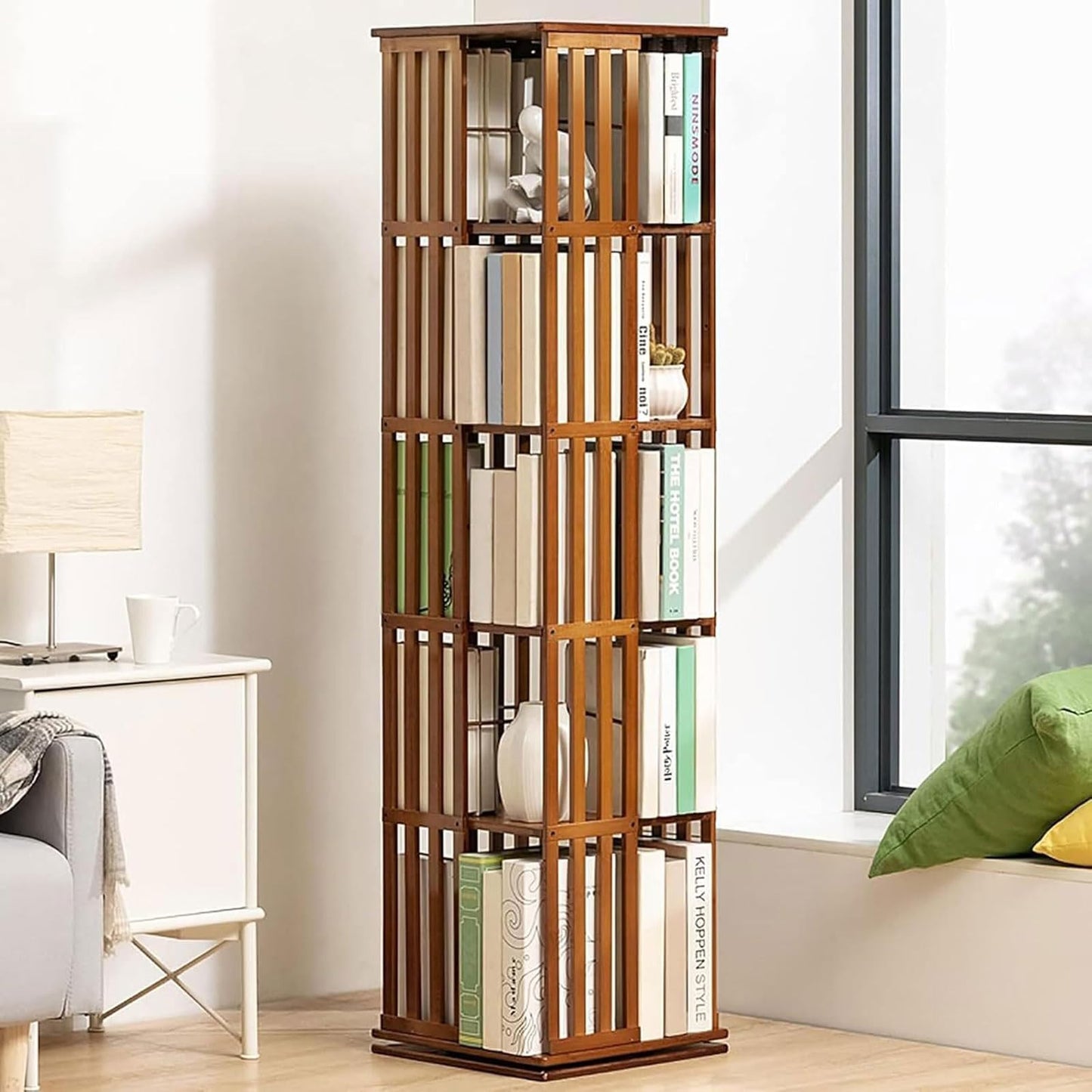 DISERTIED 360° Rotating Display Wood Spinning Bookshelf Multilayer Storage Display Rack Bookshelves for Home Living Room Study Office Turntable Organizer