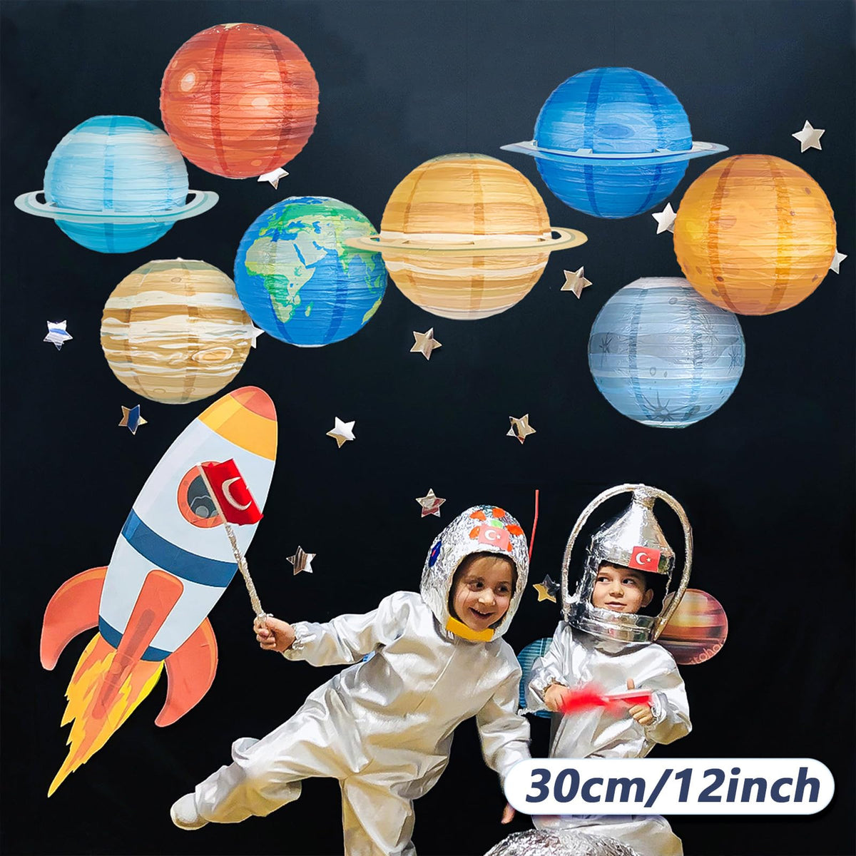 JIEFULL 8 Pcs Solar System Planet Paper Lanterns, 12 Inches Large Paper Lantern Planets Hanging Lanterns Space for The Room Ceiling Classroom Birthday Party Decorations