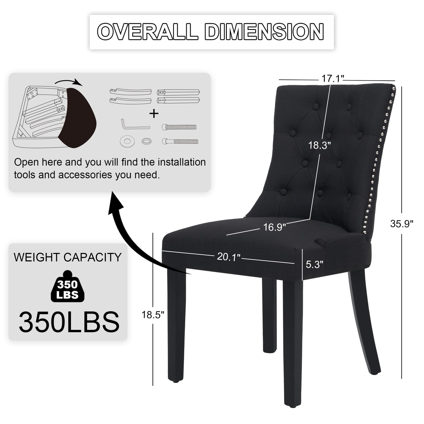UDAX Modern Leisure Linen Dining Chairs Set of 4, Upholstered Dining Chair with Solid Wood Legs, Mid-Century Dining Room Chairs with Pull Ring and Tufted Backrest, Black