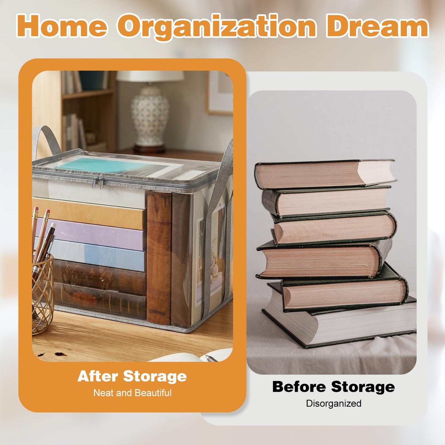 4 Pcs Clear Book Storage Bag, 15'' x 12.6'' x 9.4'' Plastic Comic Books Organizer Foldable Book Display Case with Lid and Lifting Handle for Books DVD Clothing
