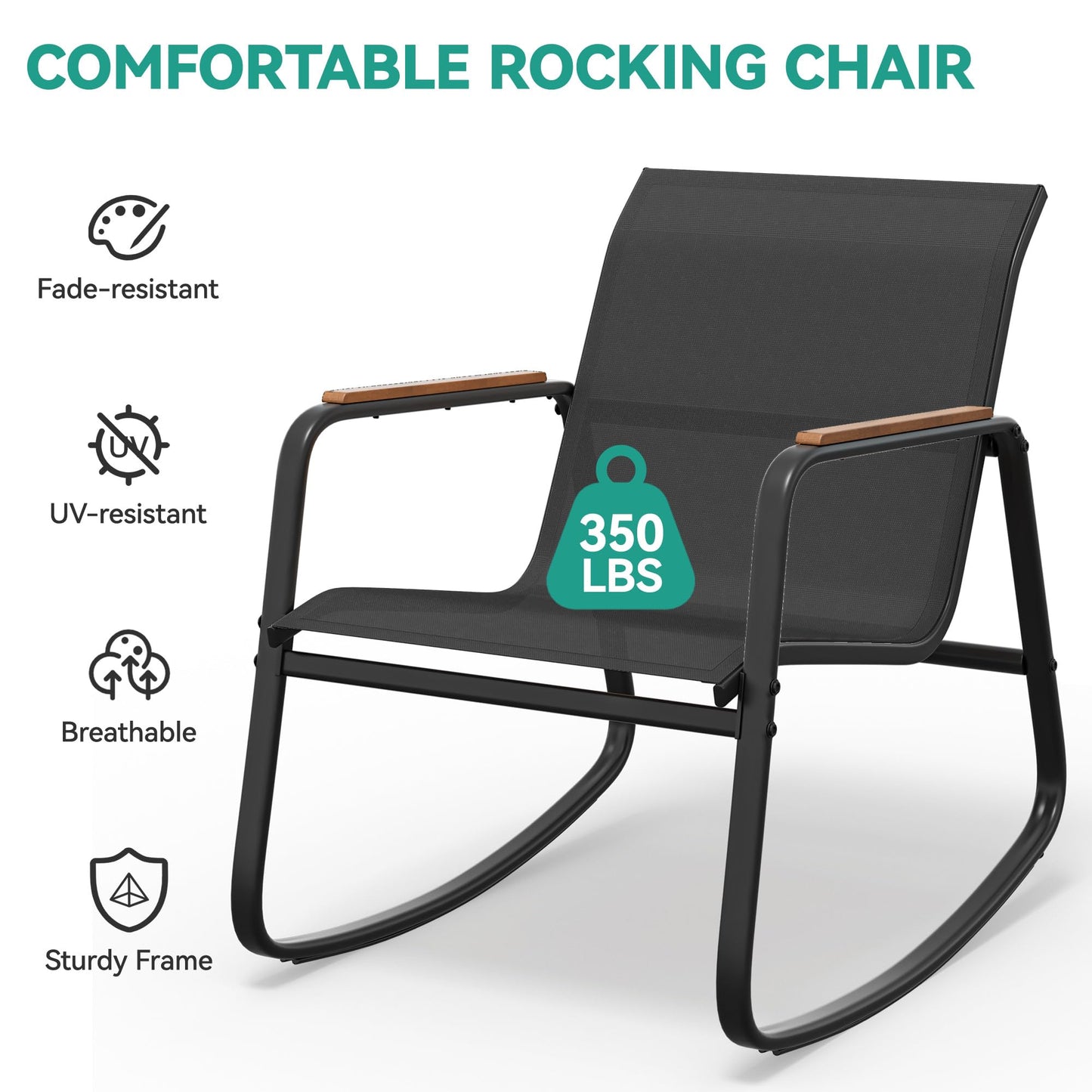 YITAHOME Rocking Patio Furniture Set 3 Piece, Durable Textilene Patio Set w/Wooden Armrest Rocking Chairs & Tempered Glass Table, All Weather for Indoor Outdoor Patio Lawn Garden Poolside, Dark Gray