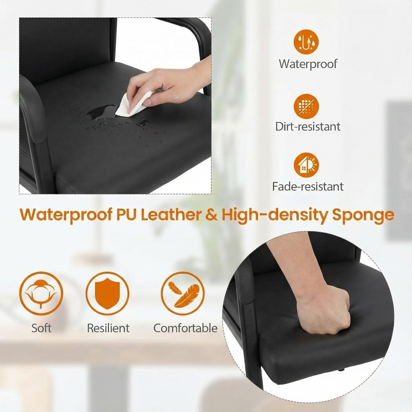 SLKJChr Leather Office Guest Chair, Guest Conference Room Chair, 600 LBS Capacity High Back Reception Chair with Padded Armrests, No Wheels, Black - 1 Pack