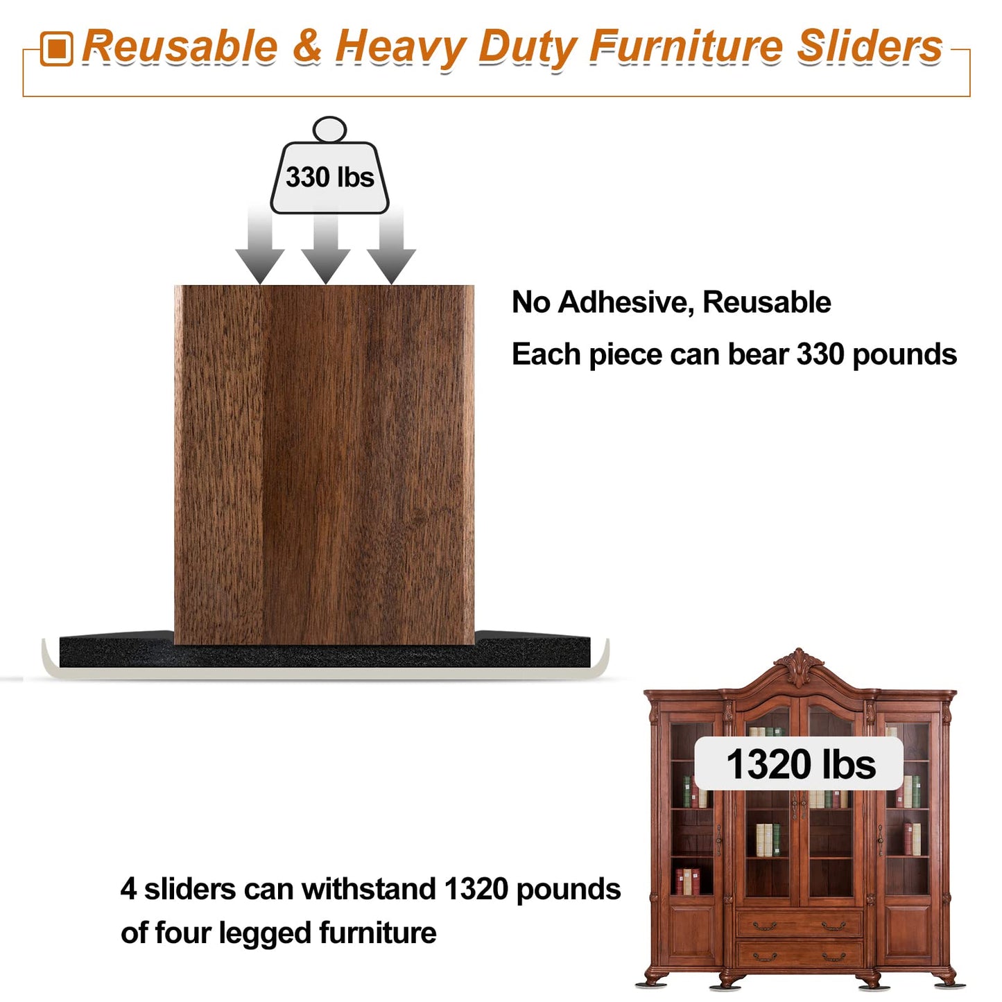 Large Furniture Sliders for Carpet & Hardwood Floors, 8 PCS 9-1/2" x 5-3/4" Oval Reusable Heavy Duty Furniture Movers Sliders, Easily and Safely Move Any Item, Beige