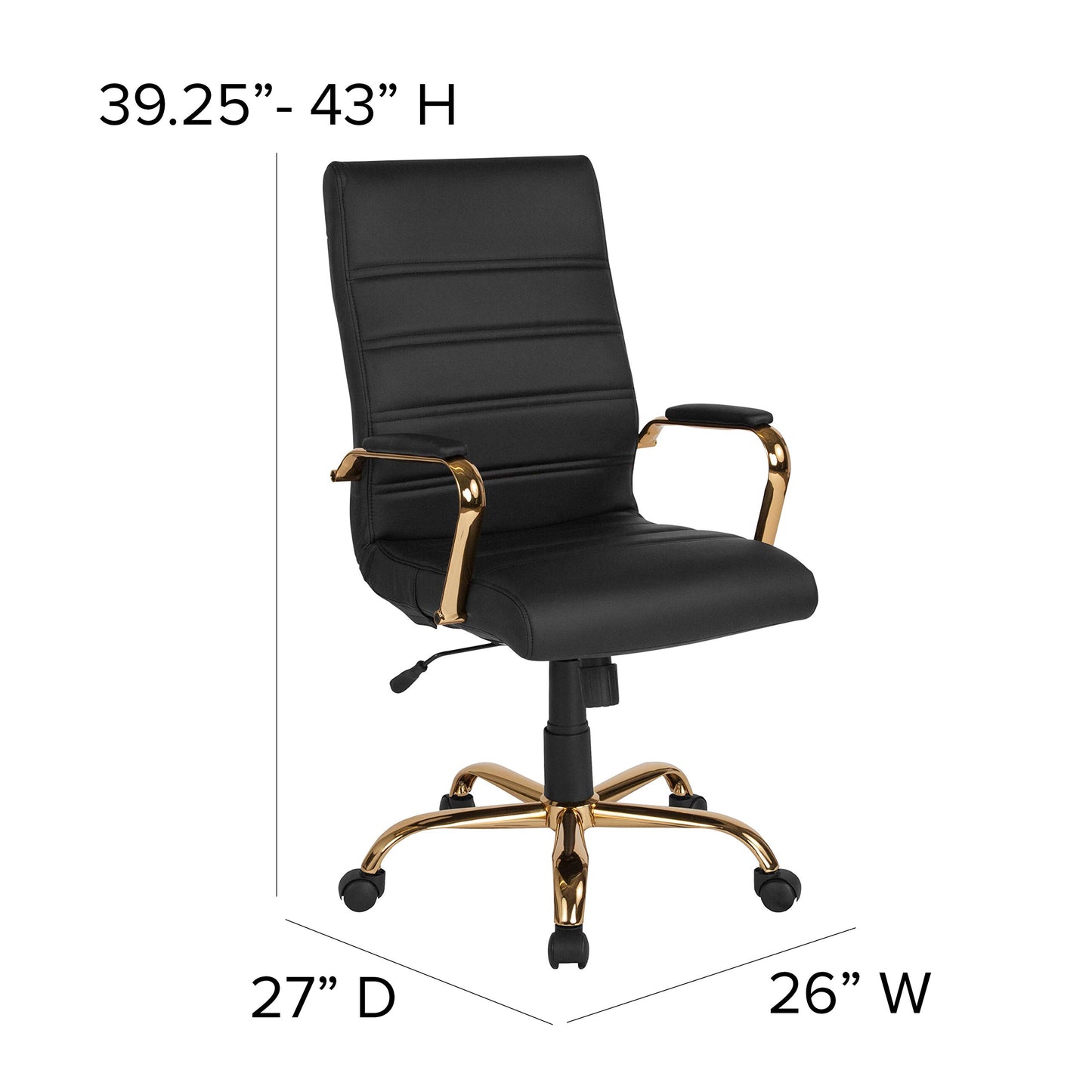 Flash Furniture Whitney High-Back Swivel LeatherSoft Desk Chair with Padded Seat and Armrests, Adjustable Height Padded Office Chair, Black/Gold