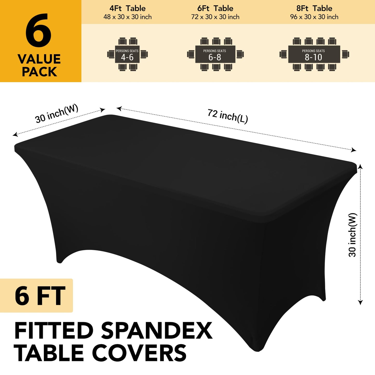 Dailyset 6-Pack Premium Black Spandex Tablecloths for 6ft Rectangle Tables, Stain & Wrinkle-Resistant, Washable Stretch Polyester Fitted Table Cover for Weddings, Banquets, Trade Shows Events