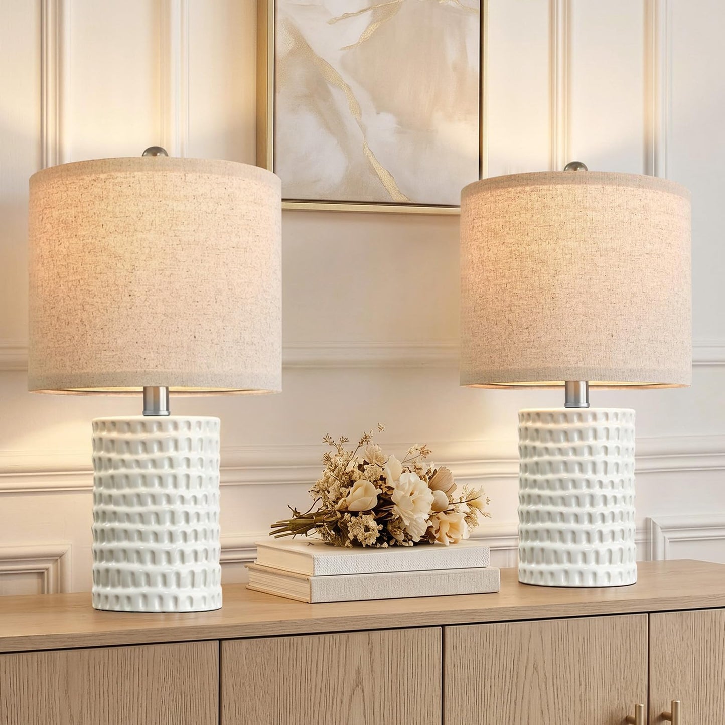 PORTRES 18.25" Modern Accent Ceramic Table Lamp Set of 2 for Bedroom White Desk Decor Bedside Lamps for Living Room Study Room Office Dorm Farmhouse Nightstand Lamp End Table Lamps