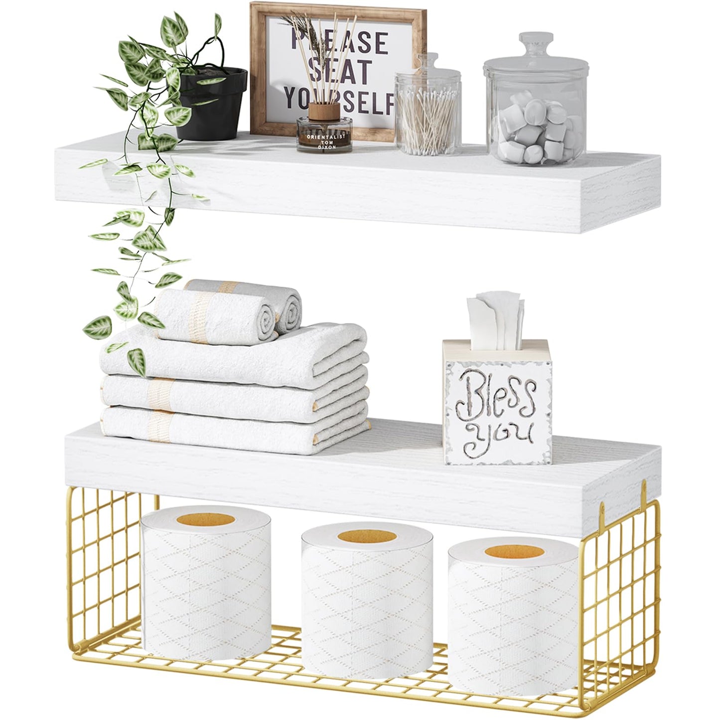 QEEIG Bathroom Shelves Over Toilet - Wall Mounted Floating Shelves Toilet Paper Storage Small Modern Decor Shelf 16 inch Set of 2, White and Gold (019-WG2)