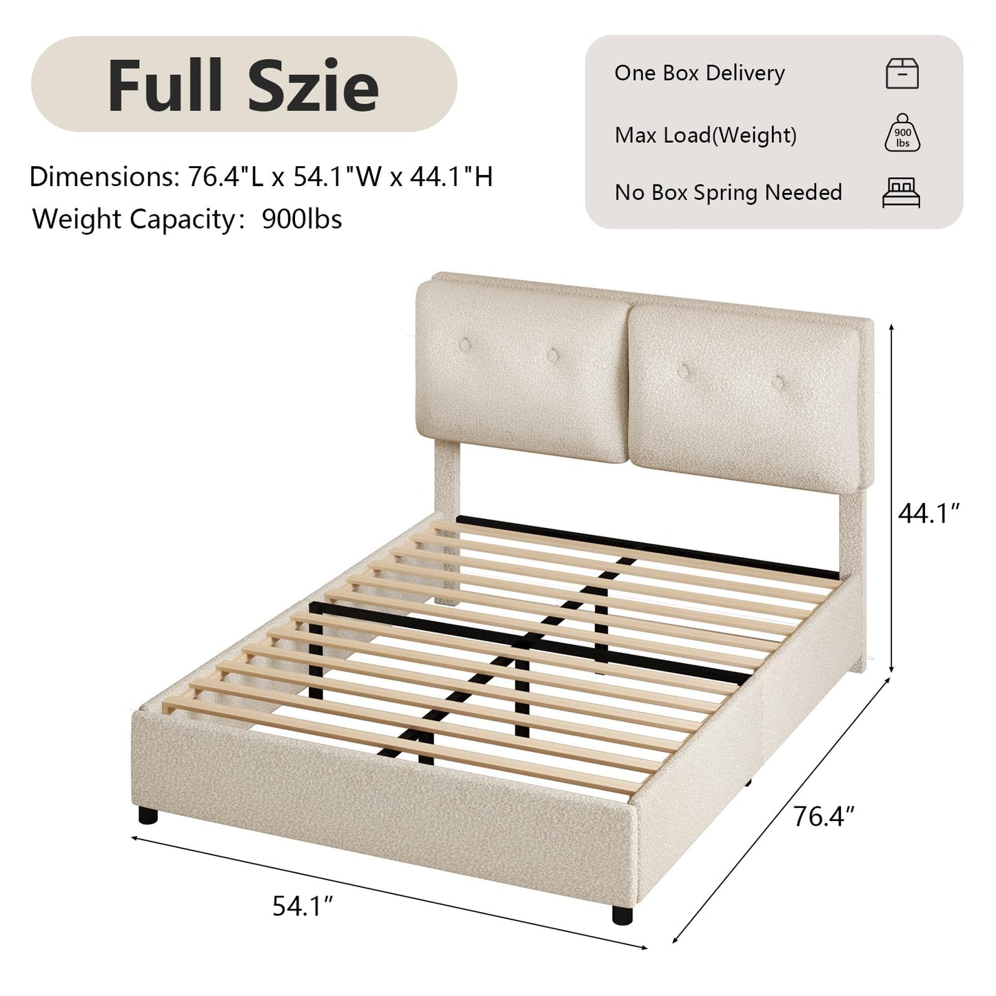 IMMERSTABLE Full Size Bed Frame with Headboard, Boucle Upholstered Bed Frame, Removable and Washable, No Box Spring Needed, Wood Slat Support, Easy Assembly, Beige