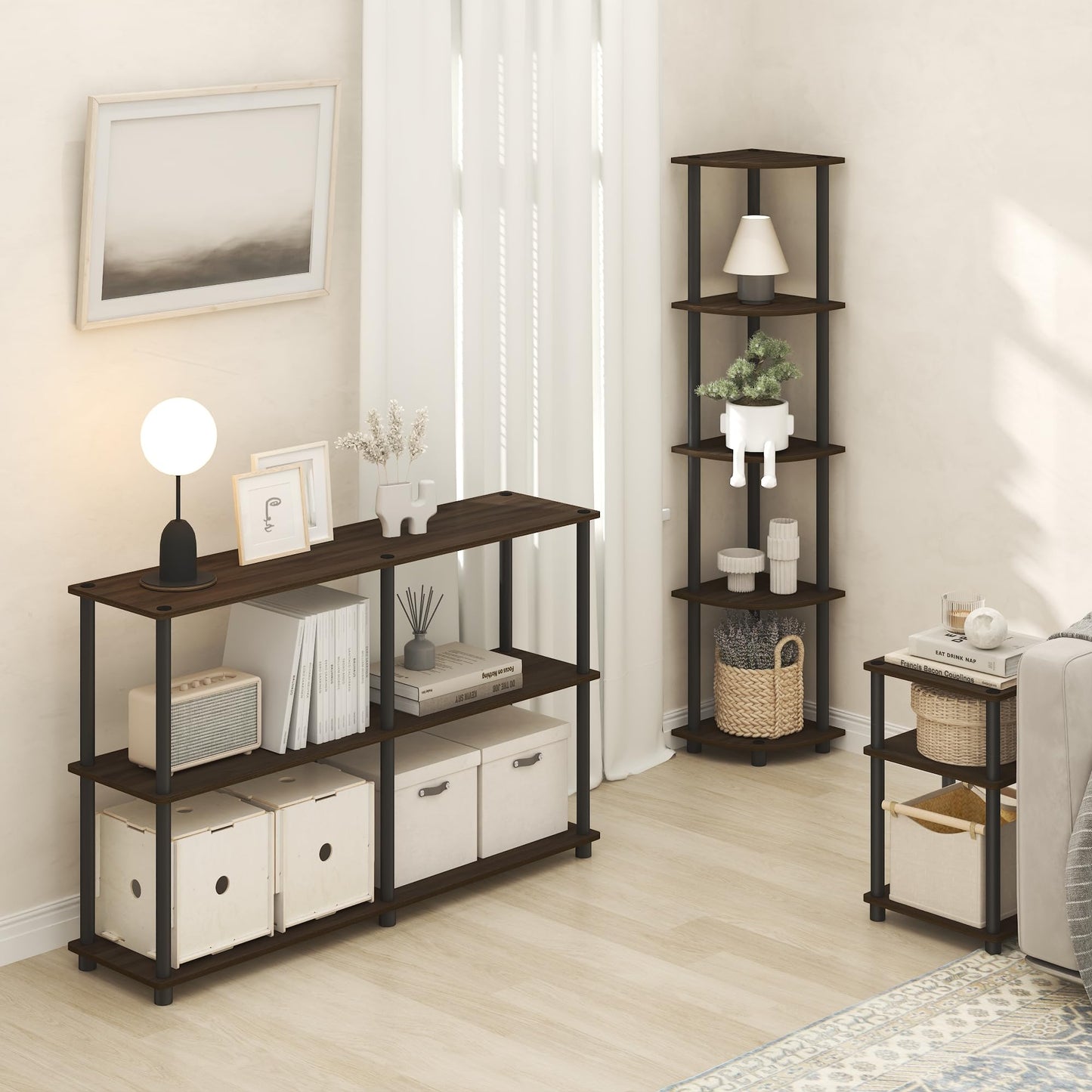 Furinno Turn-N-Tube Side Table, 3-Tier End Table with Open Shelf, Toolless Assembly Night Stand, Bedside Table, for Living Room, Bedroom, Brown Walnut
