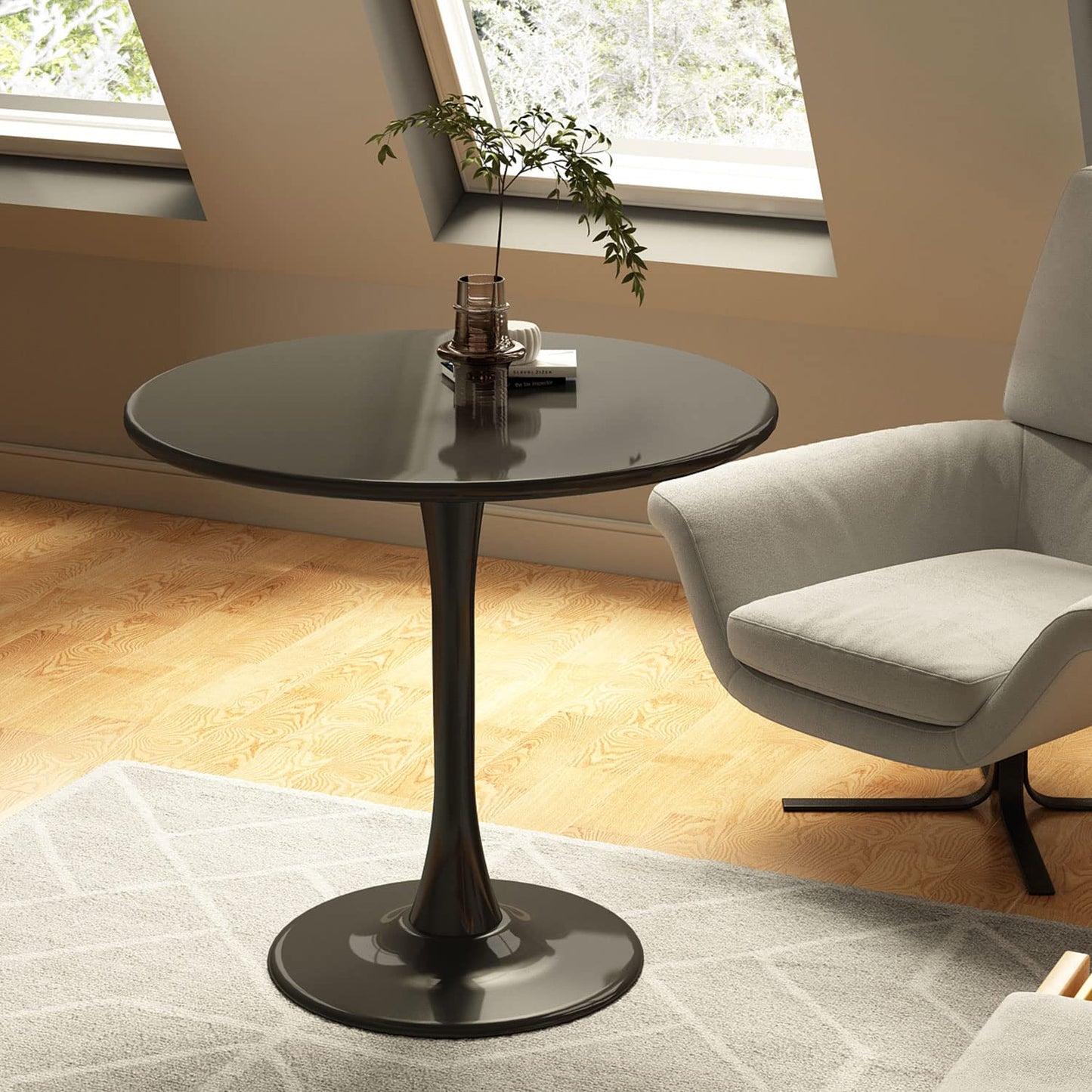 Kasinali Round Dining Table 31.5" Circle Tulip Table with Wood Thickened Tabletop & Sturdy Metal Pedestal Mid Century Modern Leisure Bistro Kitchen Tables 4 People Small Places Living Room Cafe,Black
