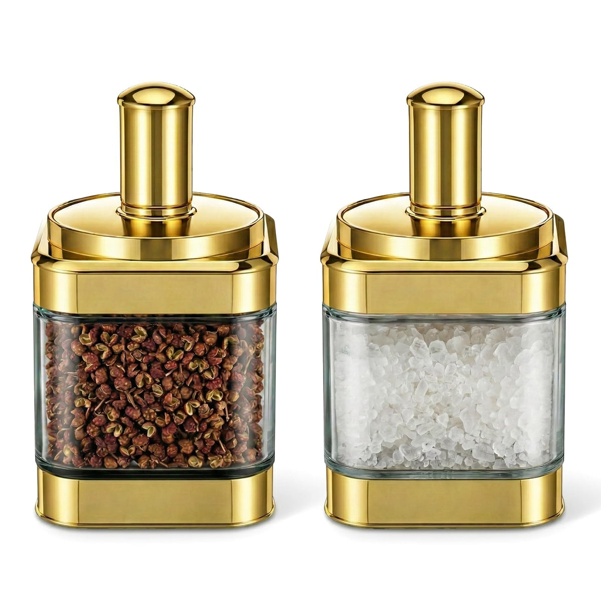 KongTiva 2 Pcs Glass Condiment Pot, Gold Spice Jars with Lids and Spoons Glass Condiment Containers Seasoning Pot Set Salt Box Sugar Dispenser for Kitchen Dining Room Counter Flour Sugar