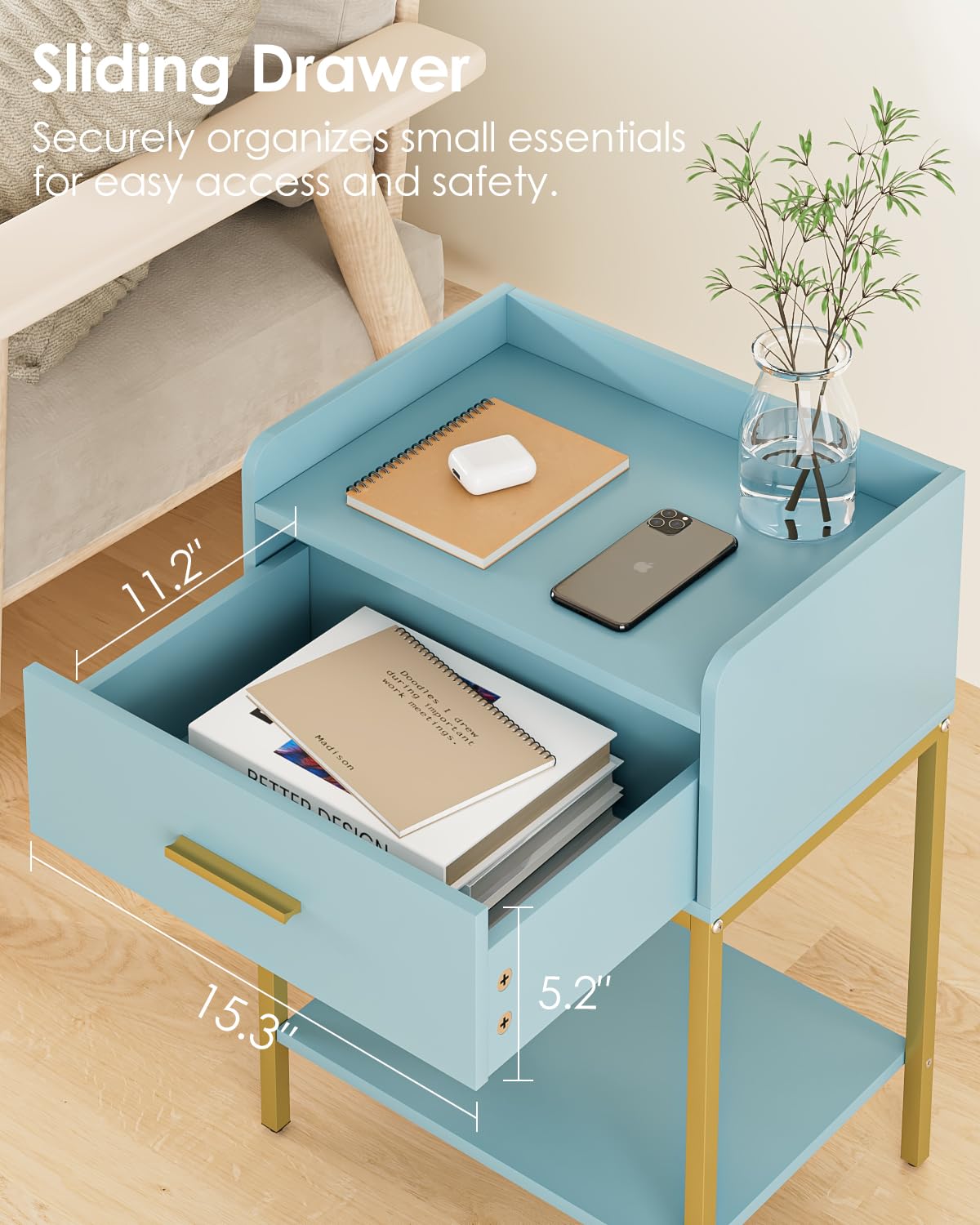 Apetaccat Nightstand,Modern Bedside Table Night Stand with Storage Drawer and Open Shelf,Small End Side Table for Bedroom,Living Room,Blue