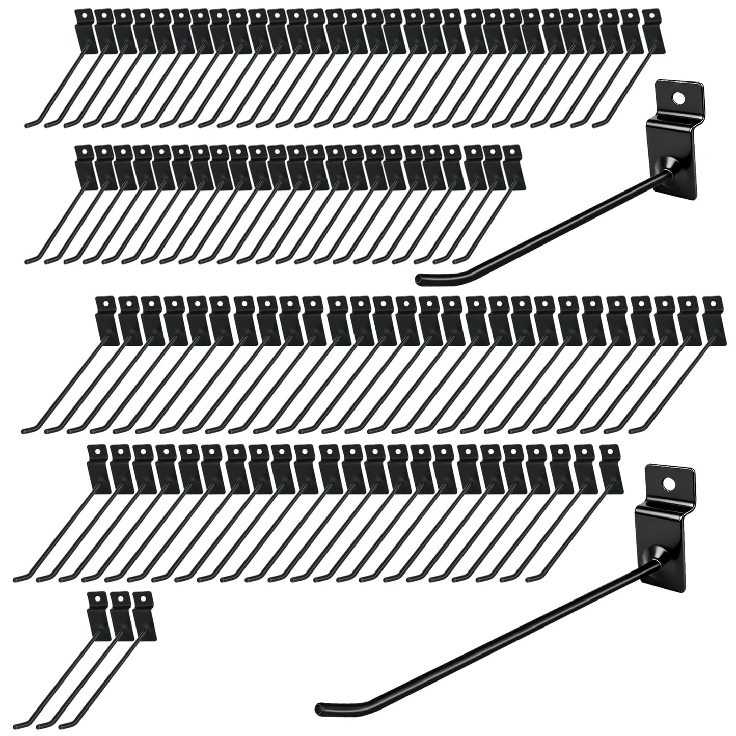 UCEHIPAW 108 Pcs Slatwall Hooks 6 and 8 Inch Black Metal Hangers Heavy Duty Hanging Shelf Brackets Slat Board Peg Accessories Panel Display Hooks for Retail Display Garage Shop