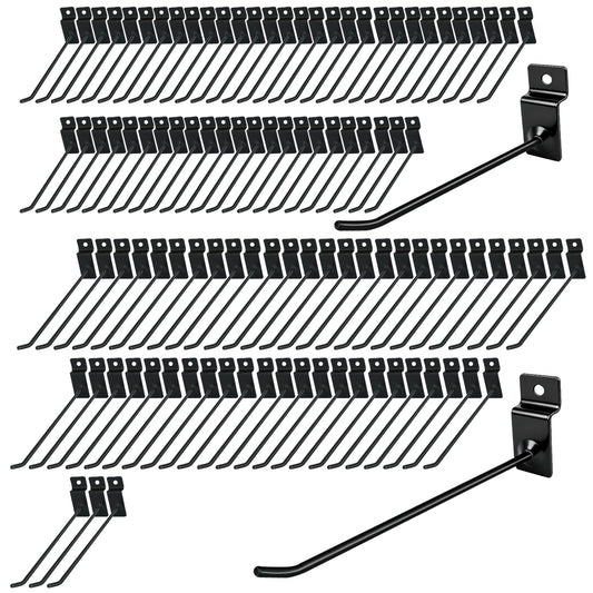 UCEHIPAW 108 Pcs Slatwall Hooks 6 and 8 Inch Black Metal Hangers Heavy Duty Hanging Shelf Brackets Slat Board Peg Accessories Panel Display Hooks for Retail Display Garage Shop