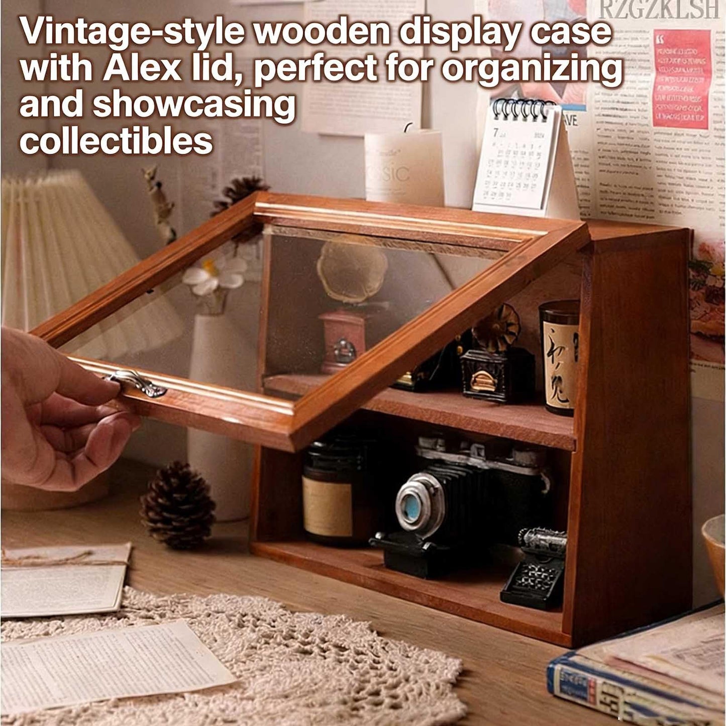 RZGZKLSH Pine Wood 2-Tier Curio Shadow Box Wall & Tabletop Display Cabinet
