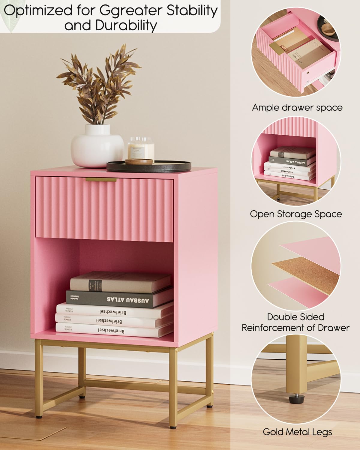 Masupu Fluted Nightstand, Modern Night Stand Wood Bedside Table with Storage Drawer Side End Table for Bedroom, Office, Pink