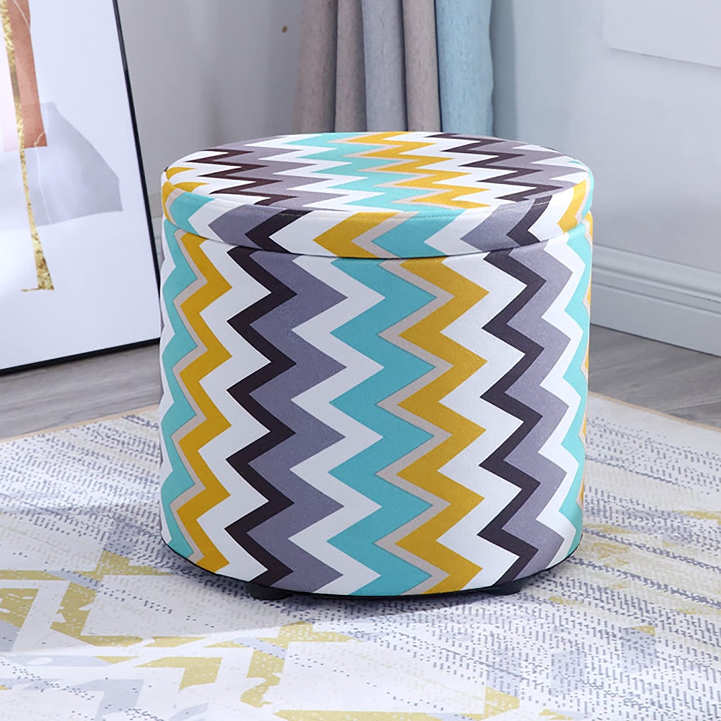 Storage Round Pouffe Stool,Ottoman Footstool,Dressing Table Stool Change Shoe Footrest Removable Lid for Living Room Bedroom,Blue Curve-S