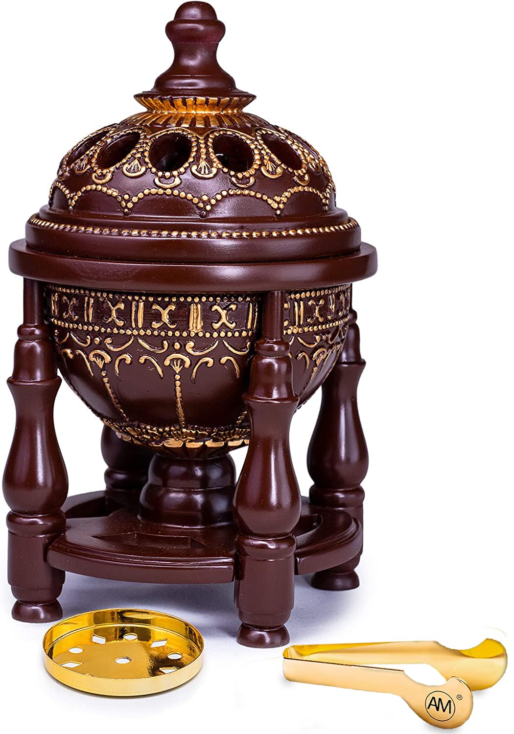 AM Charcoal Incense Burner - Bakhoor Burner, Oud Frankincense Resin Burner for Office & Home Decor, Lavish 4 Pillar Bukhoor Burners, Elegant Brown Design for Luxury Aroma Experience (Brown)