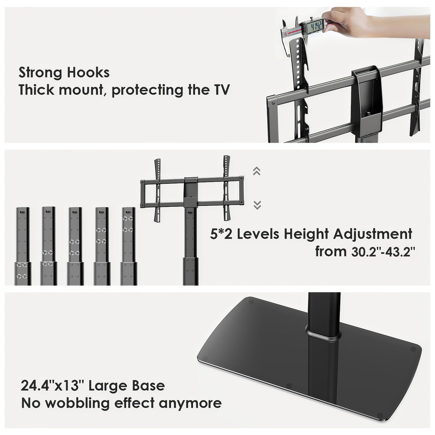 FITUEYES Universal TV Stand Mount for 43-80 85 inch TVs, Swivel Tall TV Mount Stand, Table Top TV Stand Base Replacement, Height Adjustable TV Table Stand, Glass Base, Max Holds 110lbs