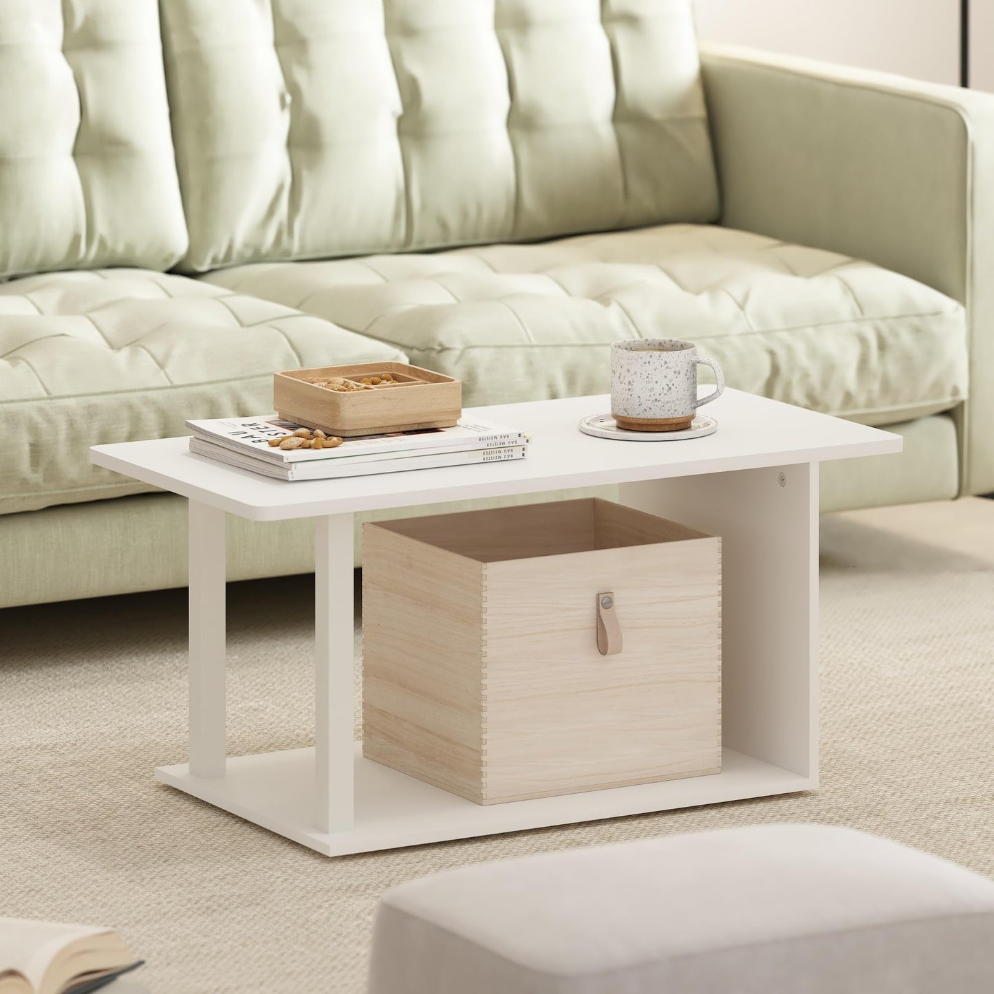 Furinno Basic Coffee Table, 2-Tier Modern Coffee Table with Open Shelf, Easy Assembly Side Table, for Living Room, Bedroom, Home Office, White