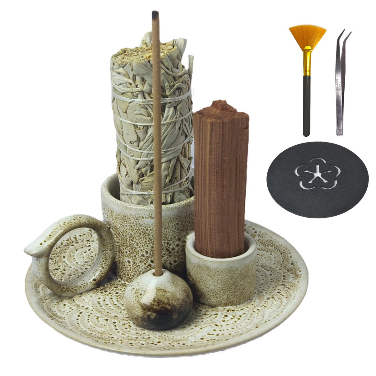 Fyedroed 4 in 1 Incense Burner Holder for Sticks, Palo Santo Sticks Holder, Candle and Sage Holder for Burning Ceramic Ash Catcher Tray for Meditation Yoga Room Home Decor (Gray)