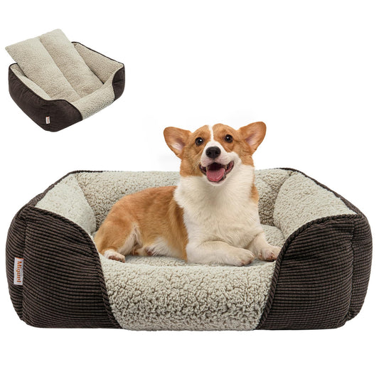 Miguel Washable Dog & Cat Bed with Removable Cushion for Medium & Small Dogs, Easy to Wash Pet Sofa Bed with Side Bolster, Anti-Slip Bottom, Brown, 30 Inch Rectangle
