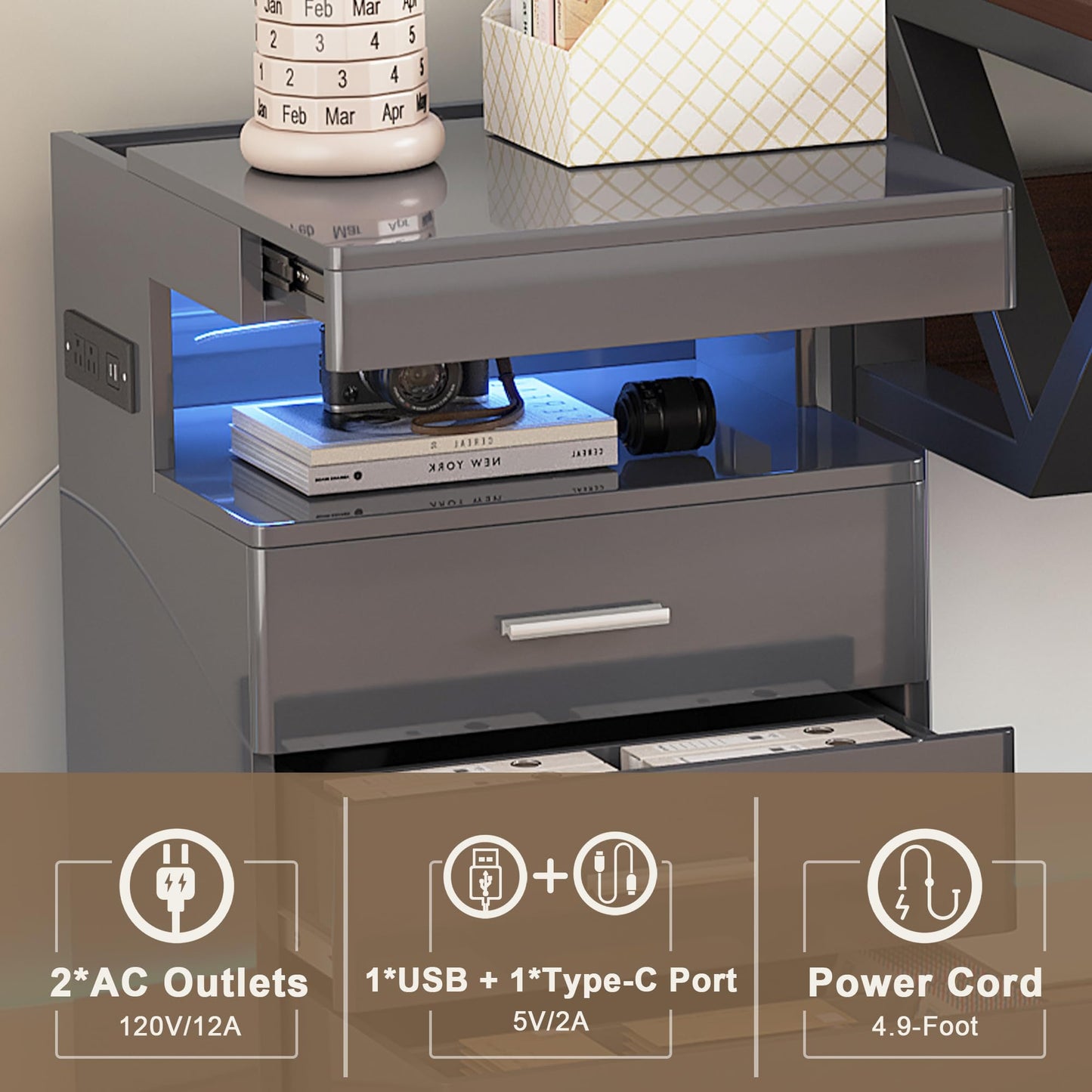 Treocho Led Nightstand with Hidden Space, Modern Night Stand with Charging Station, 3 Drawer Smart Nightstand with Glossy Finish, Tall Bedside Table with RGB Lights for Bedroom, Grey