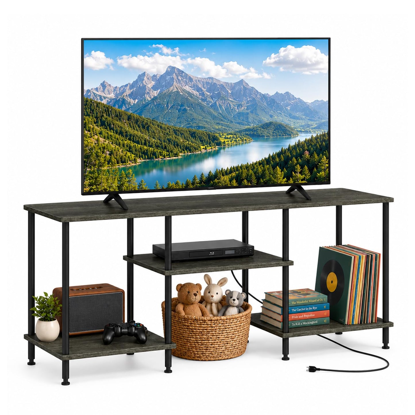 YAHKBTEN TV Stand for Bedroom up to 50 Inch Rustic TV Stands with Power Outlets Small Entertainment Center with Storage 3 Tier TV Media Console Table Cabinet for Living Room Bedroom Office, Dark Grey