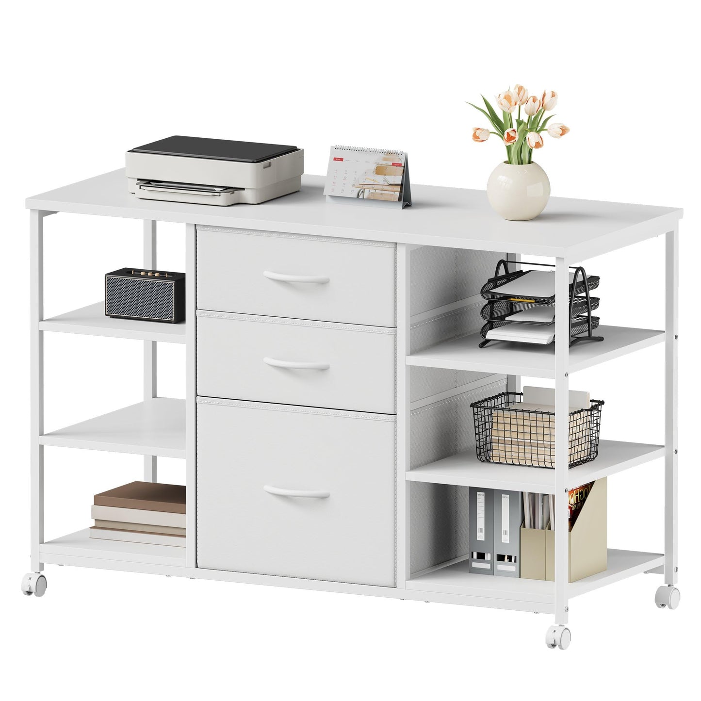 YeTom Mobile File Cabinet,Lateral Filing Cabinet with 3 Fabric Drawers,Rolling Printer Stand with 4 Open Storage Shelf for Home Office, White