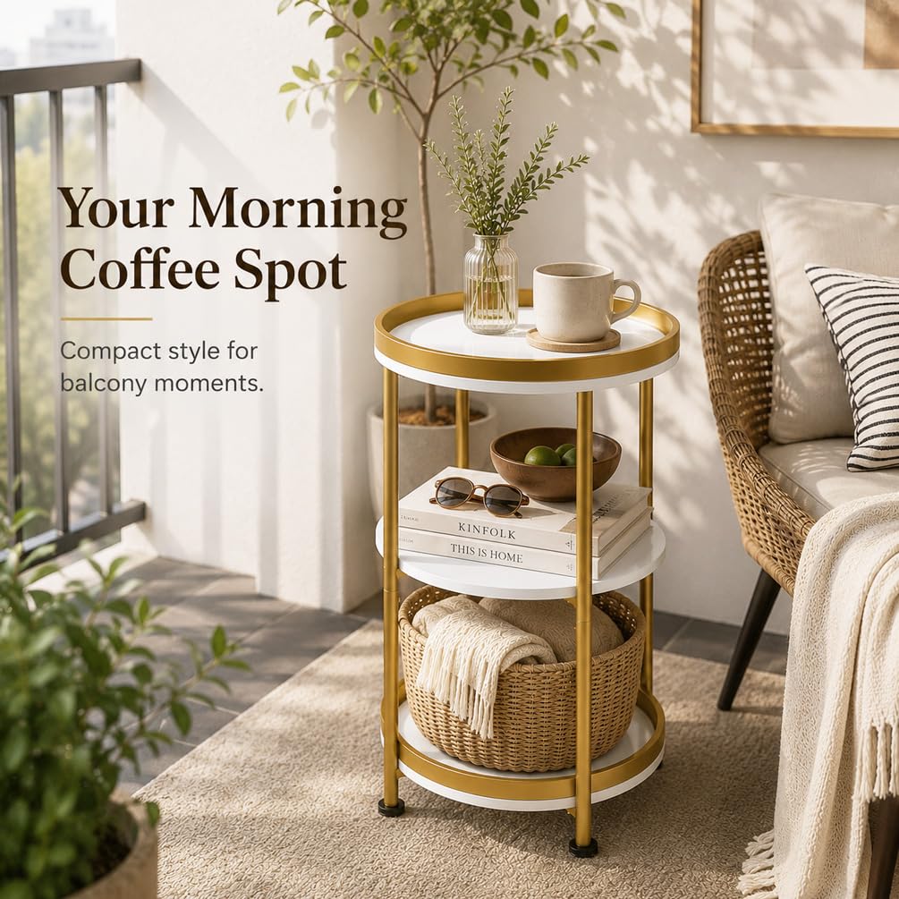 Dulcii Round Side Table with Storage Tray for Living Room, 15" L x 15" W x 24" H Bedroom Nightstand 3 Tiers Bedside Table with Steel Frame for Small Spaces (White & Gold)