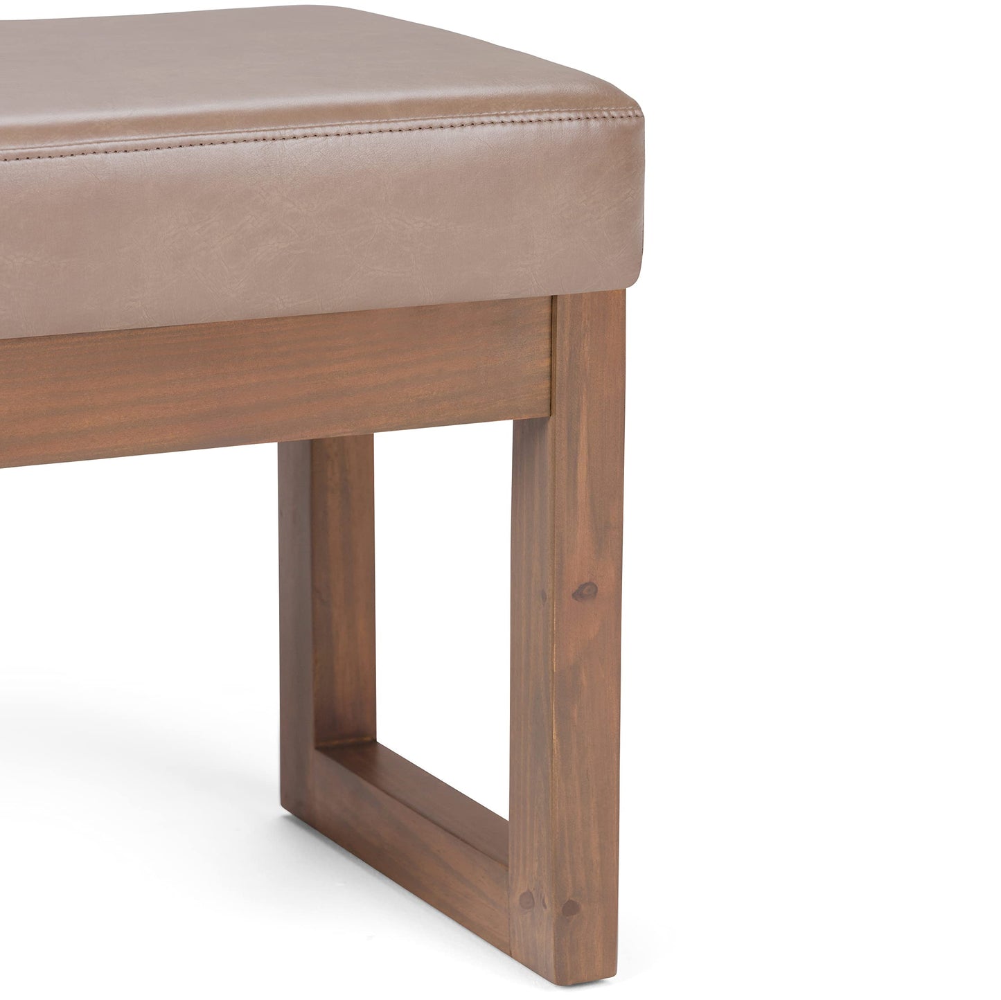 SIMPLIHOME Milltown Small Ottoman Bench - 27" Wide x 18" High Upholstered Vegan Leather Rectangle Footstool Ottoman in Ash Blonde, Contemporary Bench for Living Room with Cushioned Seat, Assembled