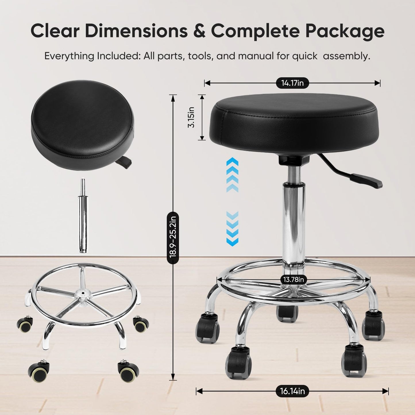 Ailyful Adjustable Rolling Stool with Wheels & Footrest, 485lb Capacity Drafting Stool Chair, Swivel Salon Spa Tattoo Medical Office Chair, Black
