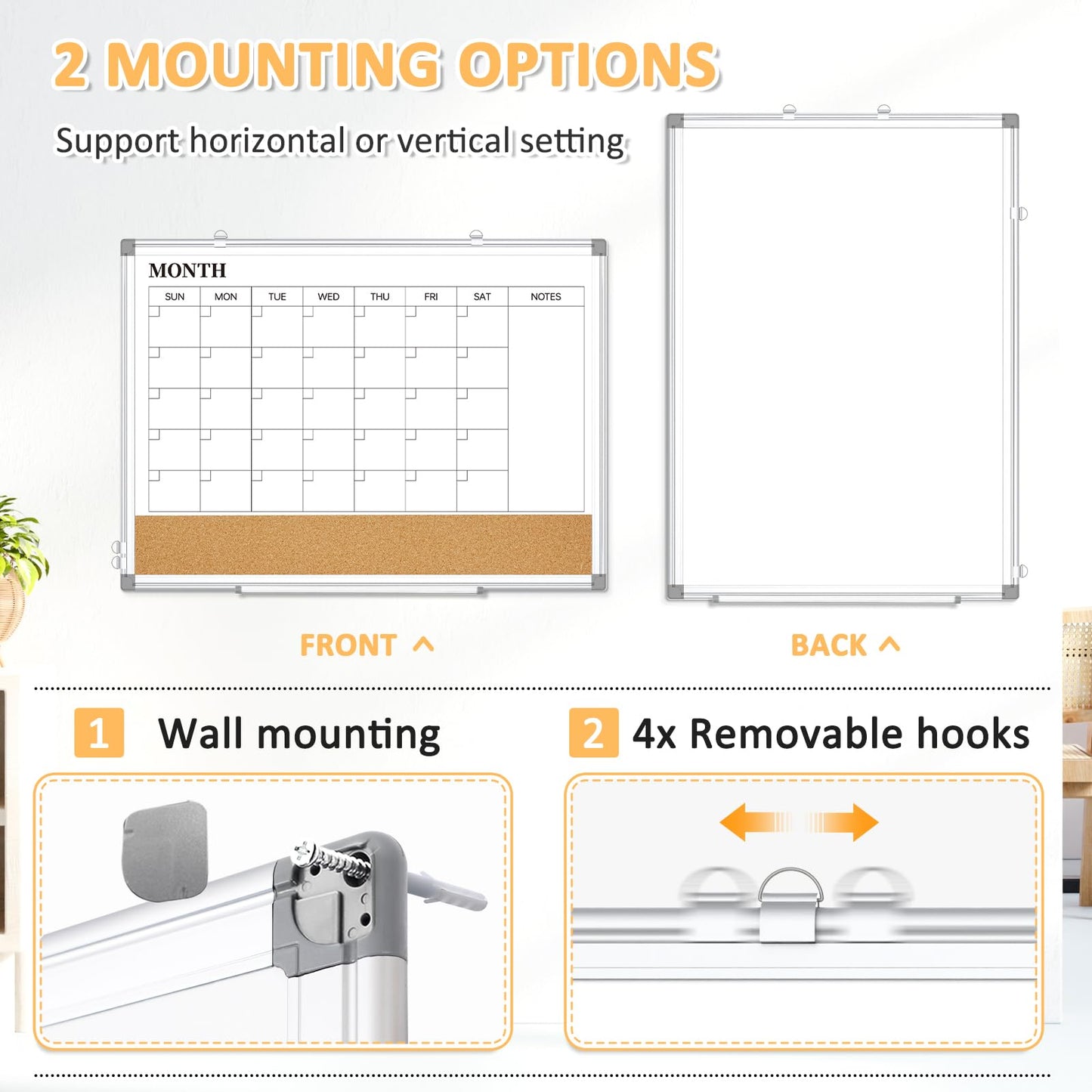 QUEENLINK Large Dry Erase Calendar for Wall, 36"x24" Double-Sided Magnetic Whiteboard Calendar with Cork Board, Aluminum Frame Monthly White Board Memo Message Board for Office, Home, School, Kitchen