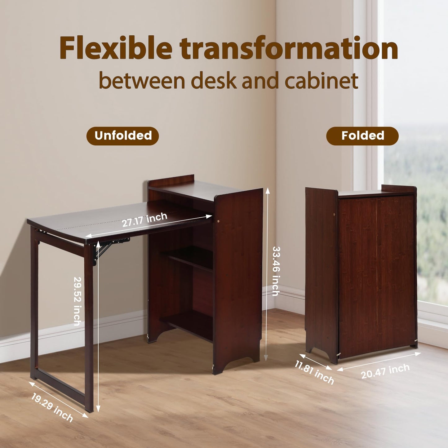 METALBEE Bamboo Folding Desk with Storage, Mid Century Fold Out Table, Space Saving Foldable Desk for Small Spaces, Multi-Functional Computer Desk for Home Office, Bedroom, Apartment & Dorm