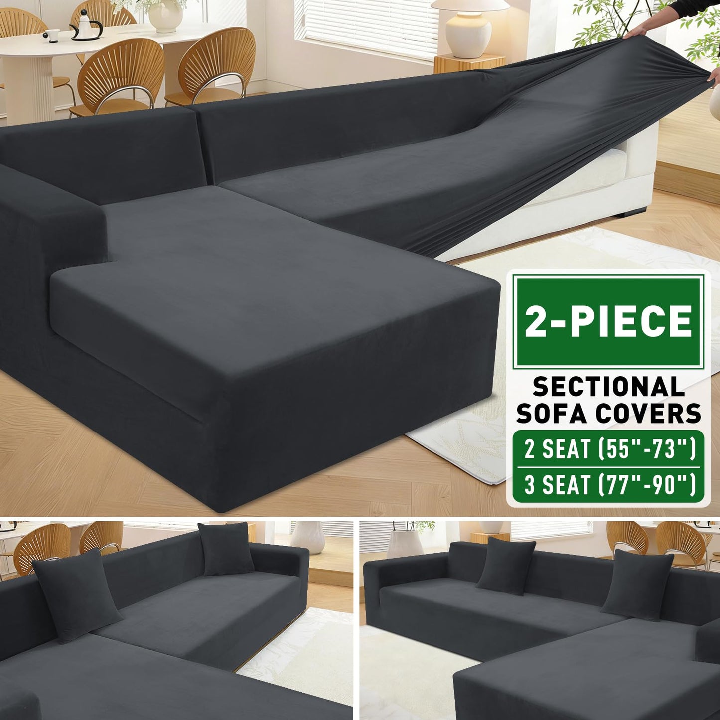 ZNSAYOTX 2026 Soft Velvet Sectional Couch Covers, Luxury Plush Slipcovers with Elastic Bottom for L Shape Sectional Sofa, 2 Pcs Pet Friendly Protector (3 Seat Couch + 2 Seat Chaise, Black)