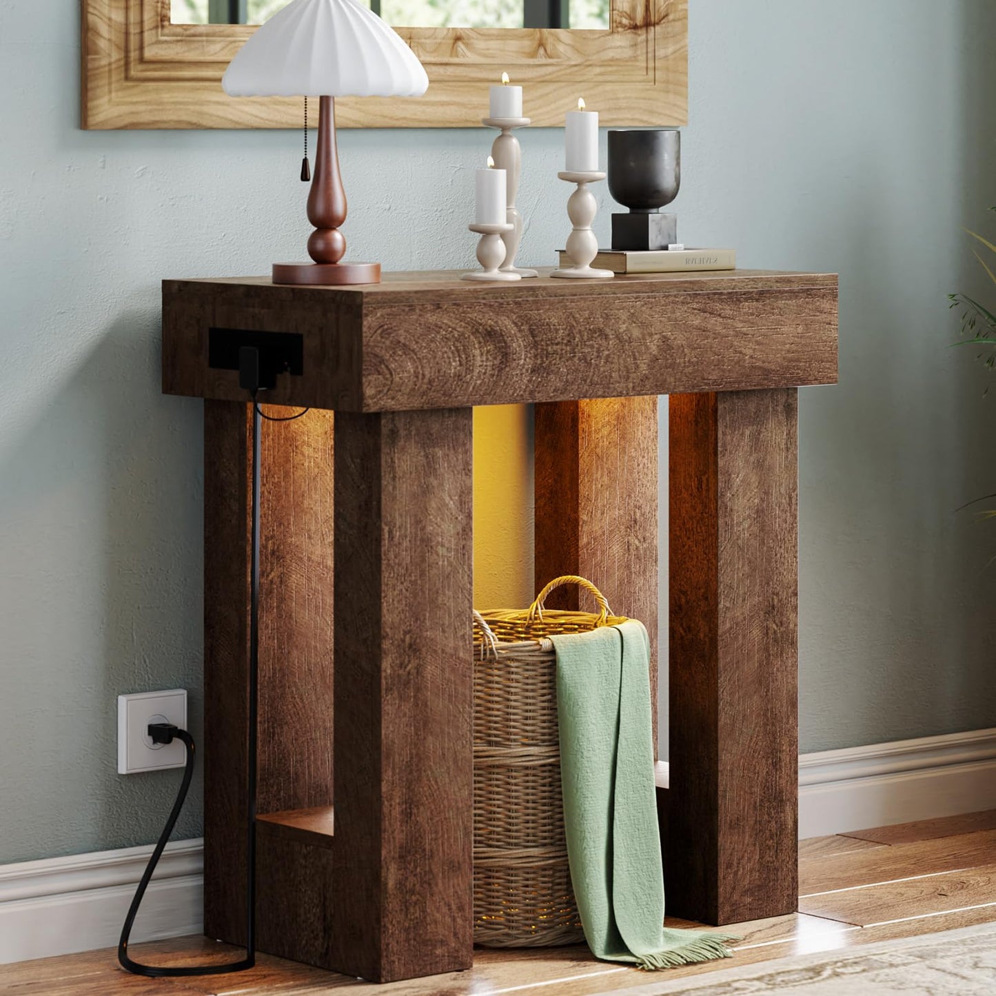 Unikito 32" Entryway Table with Socket and Sensor Light, Narrow Console Table with Storage Behind Couch, Farmhouse Entryway Table for Hallway, Behind the Couch, Living Room, Foyer