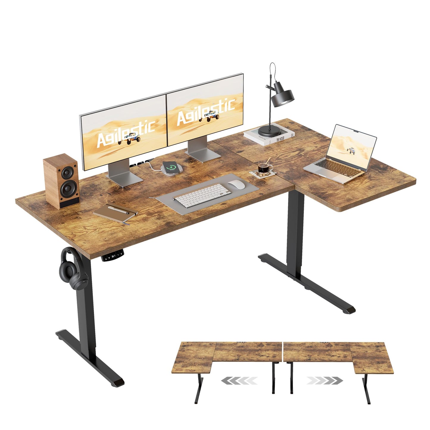 Agilestic 55 Inch Reversible L Shaped Standing Desk, Electric Height Adjustable Desk with Memory Preset, Sit Stand Up Computer Workstation for Home Office, Splice Board, Rustic Brown