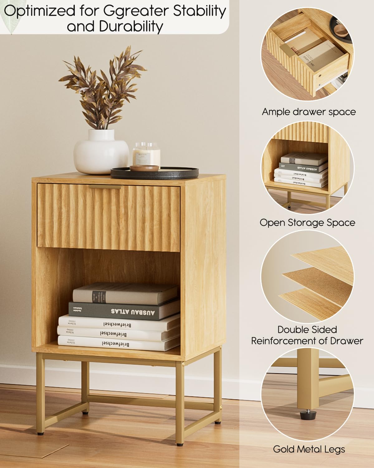Masupu Fluted Nightstand,Modern Night Stand Wood Bedside Table with Storage Drawer Side End Table for Bedroom,Office,Oak