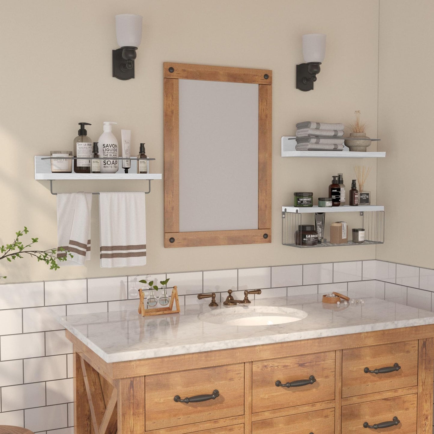 PopiShelves Bathroom Shelves Over Toilet for Wall, Floating Shelves with Storage Basket Paper Holer for Kitchen Living Room, Bedroom & Classroom, Set of 3 (White and Grey)